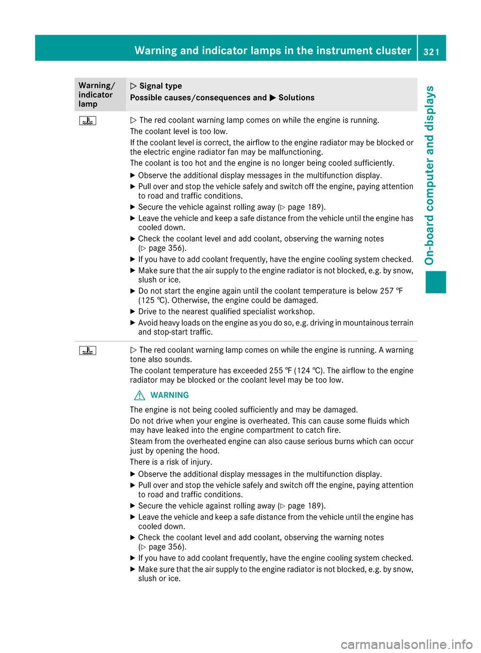 MERCEDES-BENZ S-Class SEDAN 2016 W222 Owners Guide Warning/
indicator
lampNSignal type
Possible causes/consequences and M
Solutions
?NThe red coolant warning lamp comes on while the engine is running.
The coolant level is too low.
If the coolant level