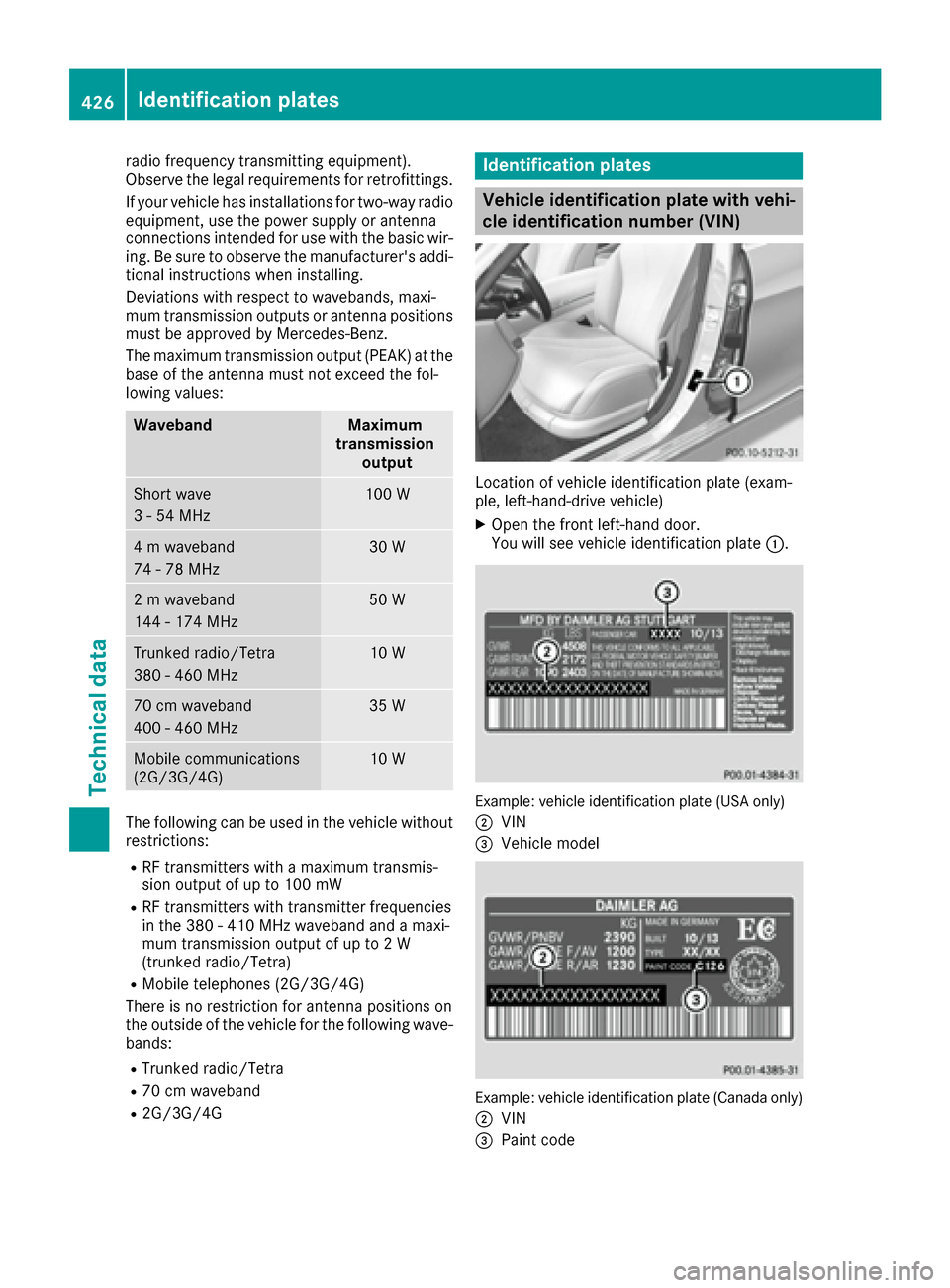 MERCEDES-BENZ S-Class SEDAN 2016 W222 Owners Manual radio frequency transmitting equipment).
Observe the legal requirements for retrofittings.
If your vehicle has installations for two-way radio
equipment, use the power supply or antenna
connections in MERCEDES-BENZ S-Class SEDAN 2016 W222 Owners Manual radio frequency transmitting equipment).
Observe the legal requirements for retrofittings.
If your vehicle has installations for two-way radio
equipment, use the power supply or antenna
connections in