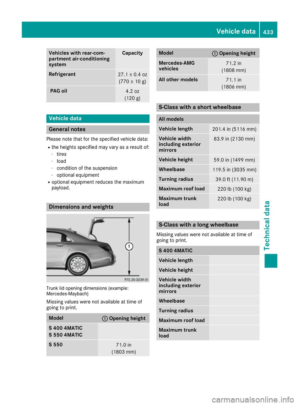 MERCEDES-BENZ S-Class SEDAN 2016 W222 Owners Manual Vehicles with rear-com-
partment air-conditioning
systemCapacity
Refrigerant27.1 ± 0.4 oz(770 ± 10 g)
PAG oil4.2 oz
(120 g)
Vehicle data
General notes
Please note that for the specified vehicle data