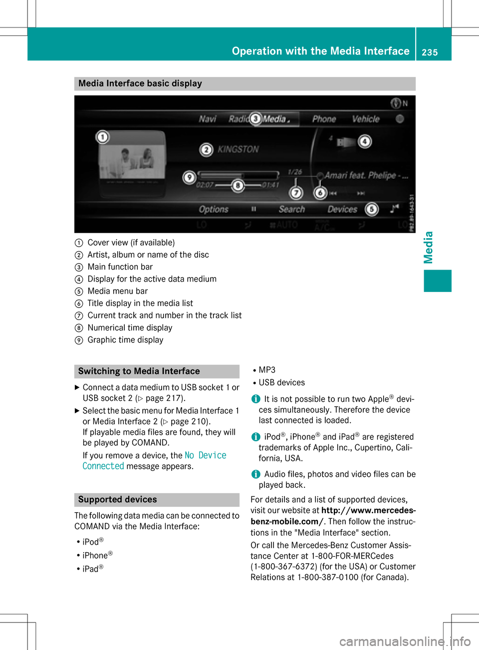 MERCEDES-BENZ S-Class SEDAN 2016 W222 Comand Manual Media Interface basic display
:Cover view (if available)
;Artist, album or name of the disc
=Main function bar
?Display for the active data medium
AMedia menu bar
BTitle display in the media list
CCur MERCEDES-BENZ S-Class SEDAN 2016 W222 Comand Manual Media Interface basic display
:Cover view (if available)
;Artist, album or name of the disc
=Main function bar
?Display for the active data medium
AMedia menu bar
BTitle display in the media list
CCur