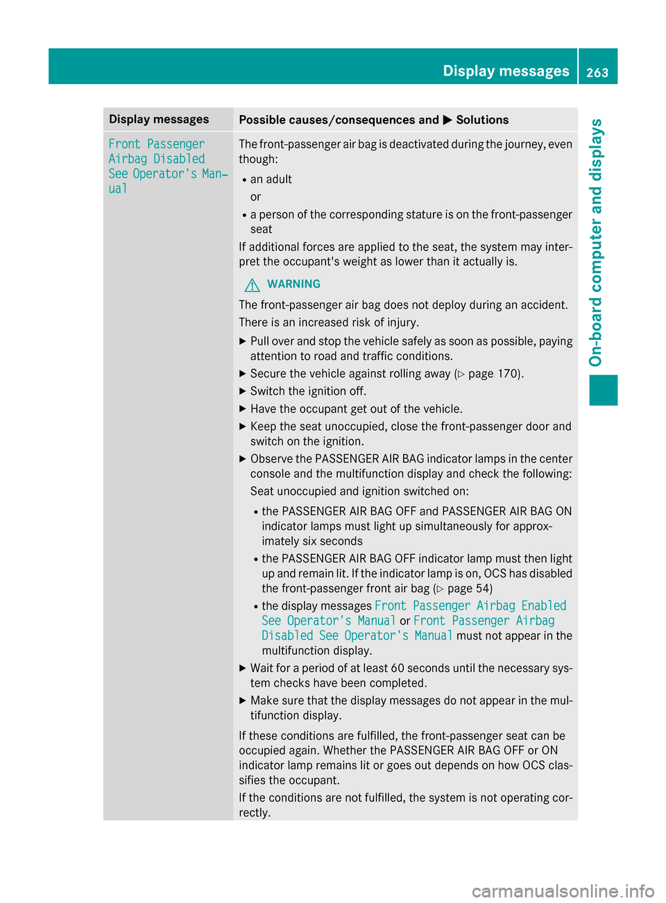 MERCEDES-BENZ S-Class COUPE 2016 C217 Owners Manual Display messagesPossible causes/consequences andMSolutions
Front Passenger
Airbag Disabled
SeeOperatorsMan‐
ual
The front-passenger air bag is deactivated during th ejourney, eve n
though :
Ran adu