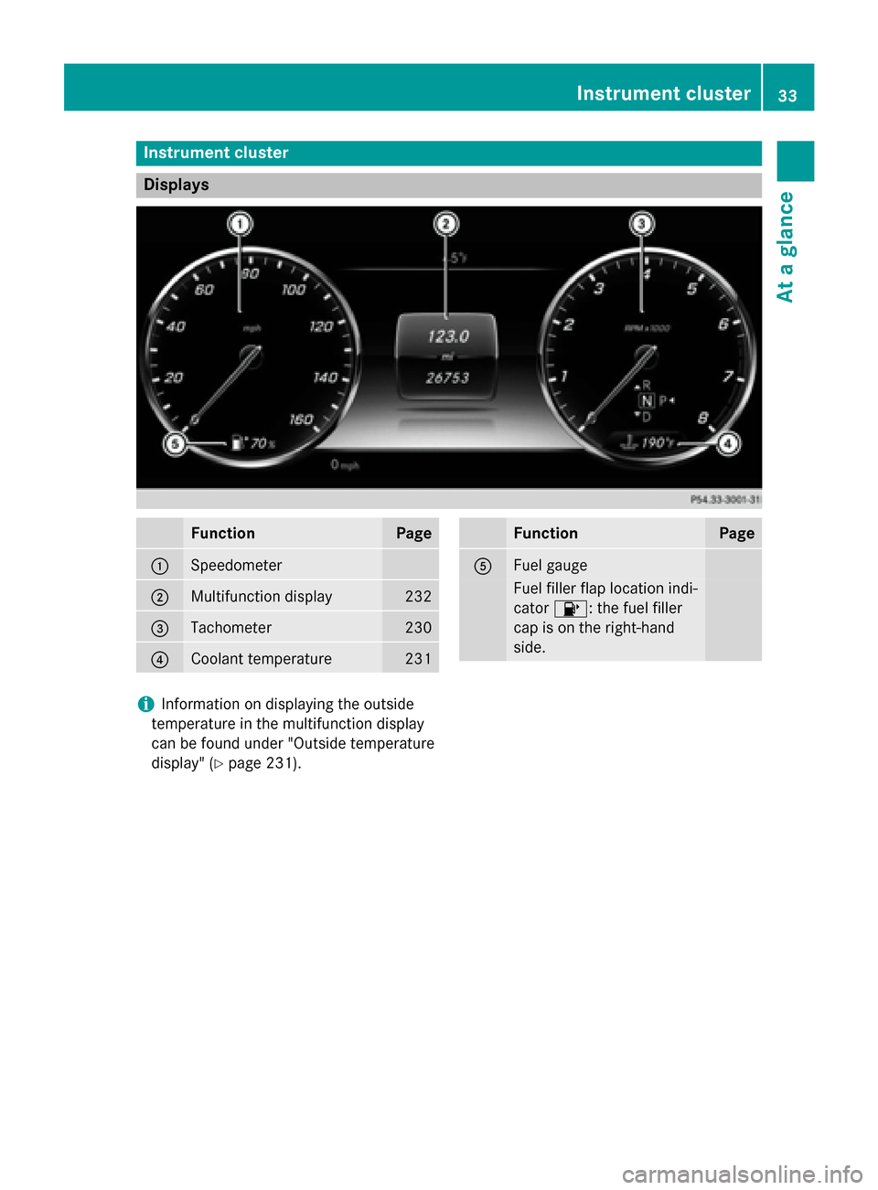 MERCEDES-BENZ S-Class COUPE 2016 C217 Owners Guide Instrument cluster
Displays
FunctionPage
:Speedometer
;Multifunction display232
=Tachometer230
?Coolant temperature231
FunctionPage
AFuel gauge
Fuel filler flap location ind i-
cator 8: the fuel fille