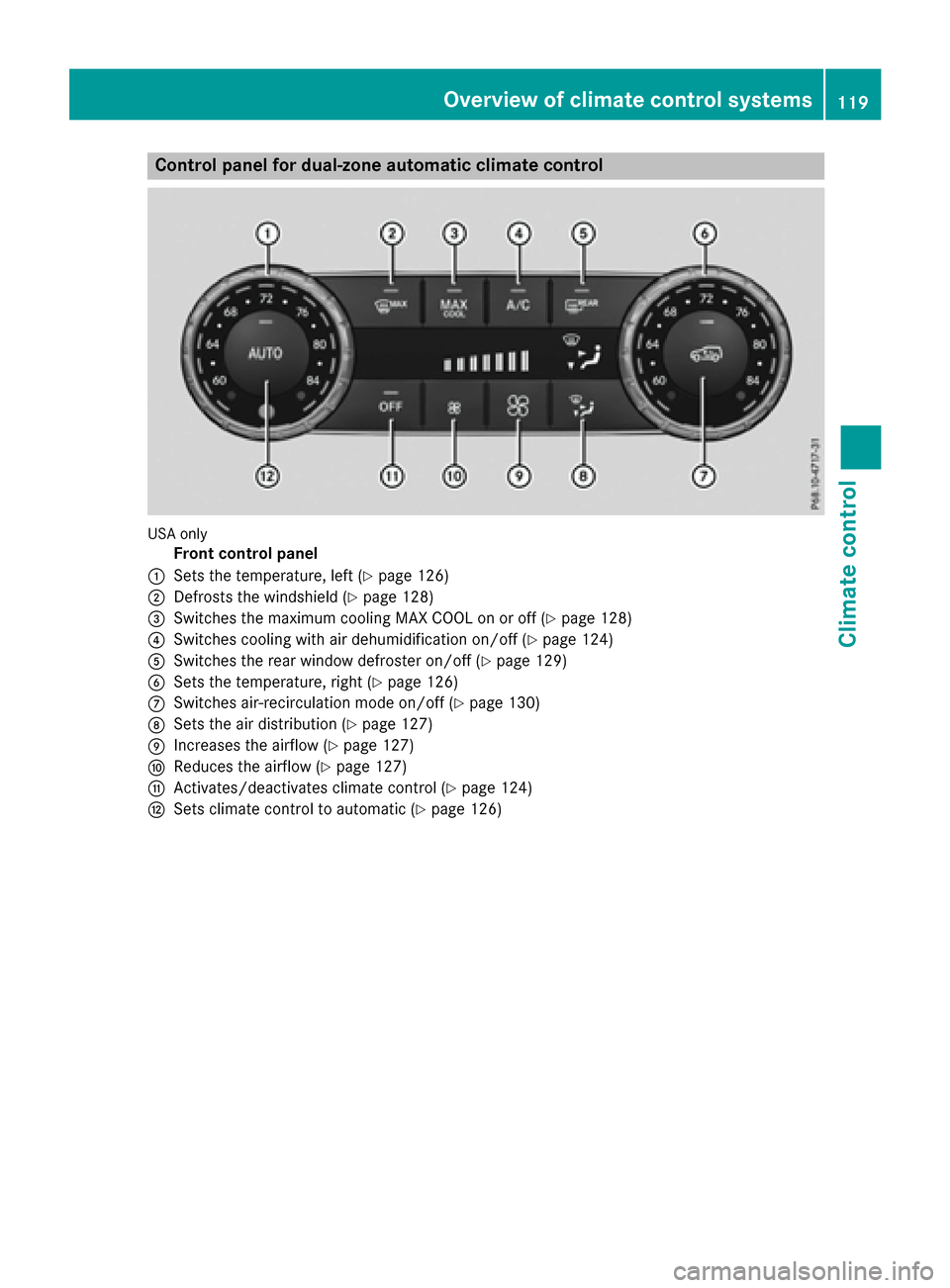 MERCEDES-BENZ GLE-Class 2016 C292 Owners Manual Control panel for dual-zone automatic climate control
USAonly
Front control panel
:Sets the temperature, left (Ypage 126)
;Defrosts the windshield (Ypage 128)
=Switches the maximum cooling MAX COOL on