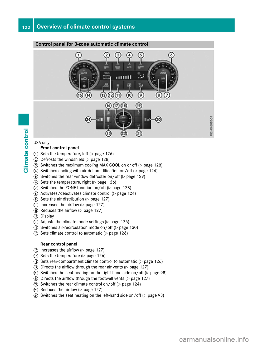 MERCEDES-BENZ GLE-Class 2016 C292 Owners Manual Control panel for 3-zone automatic climate control
USAonly
Front control panel
:Sets the temperature, left (Ypage 126)
;Defrosts the windshield (Ypage 128)
=Switches the maximum cooling MAX COOL on or