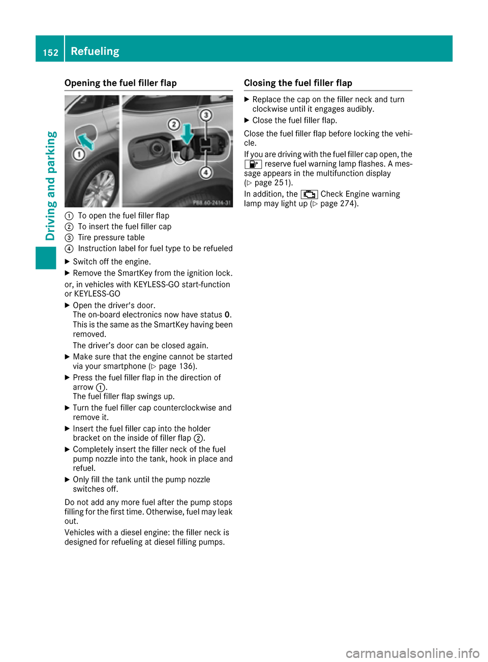 MERCEDES-BENZ GLE-Class 2016 C292 Owners Manual Opening the fuel filler flap
:To open the fuel filler flap
;To insert the fuel filler cap
=Tire pressure table
?Instruction label for fuel type to be refueled
XSwitch off the engine.
XRemove the Smart