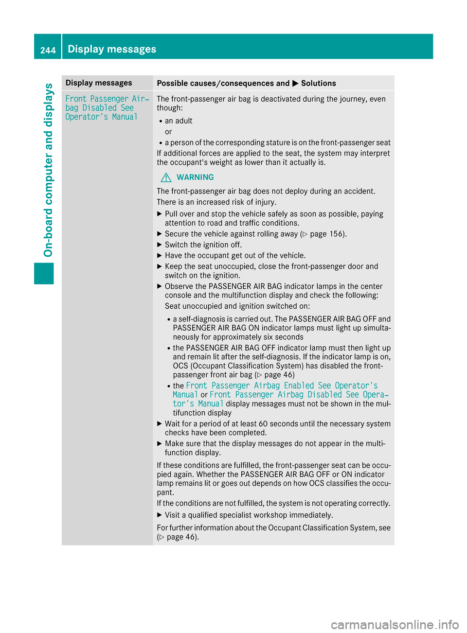 MERCEDES-BENZ GLE-Class 2016 C292 Owners Manual Display messagesPossible causes/consequences andMSolutions
FrontPassengerAir‐bag Disabled SeeOperator sManual
The front-passenger air bag is deactivated during th ejourney, eve n
though :
Ran adult