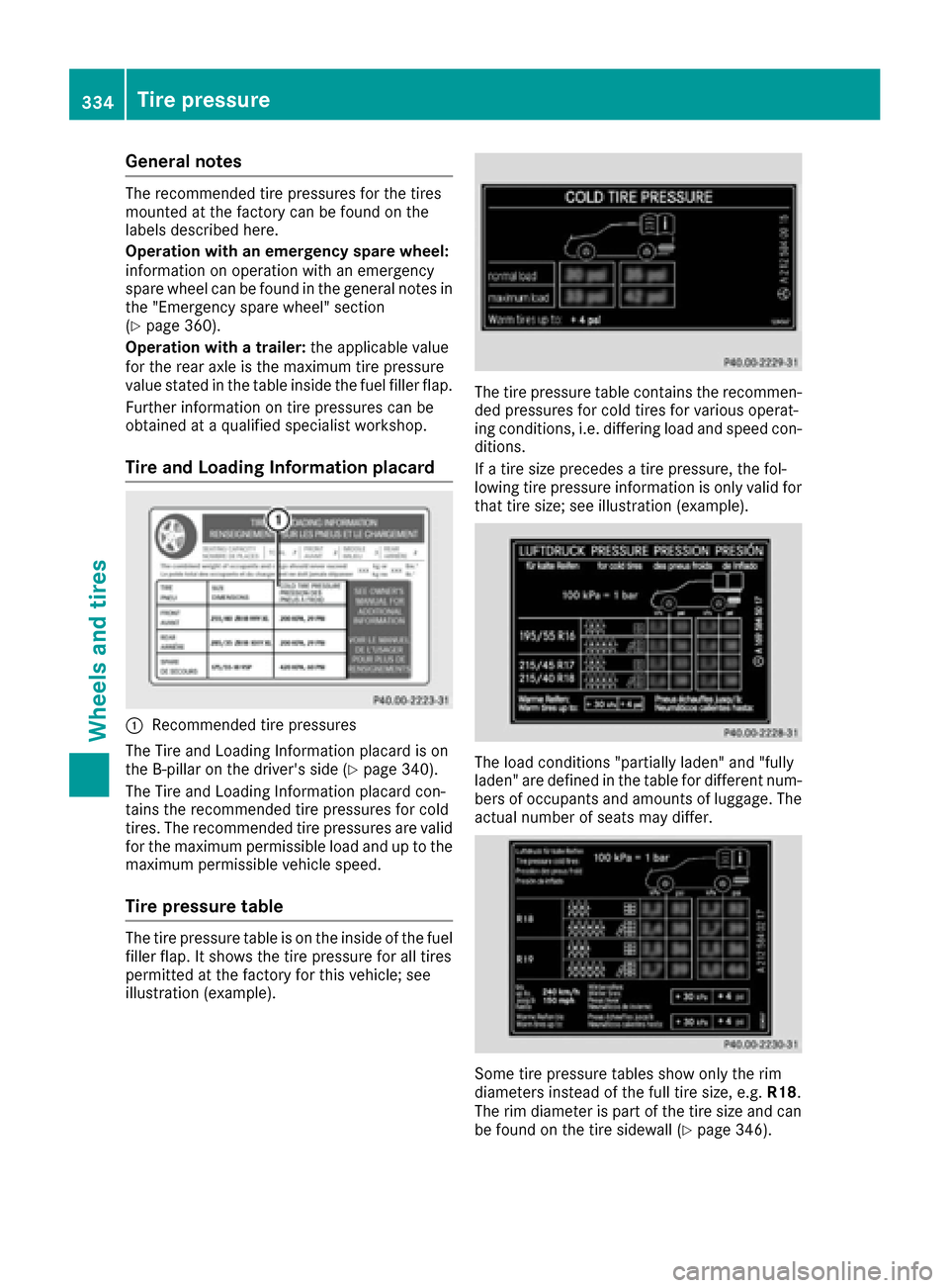 MERCEDES-BENZ GLE-Class 2016 C292 Owners Manual General notes
The recommended tire pressures for the tires
mounted at the factory can be found on the
labels described here.
Operation with an emergency spare wheel:
information on operation with an e MERCEDES-BENZ GLE-Class 2016 C292 Owners Manual General notes
The recommended tire pressures for the tires
mounted at the factory can be found on the
labels described here.
Operation with an emergency spare wheel:
information on operation with an e