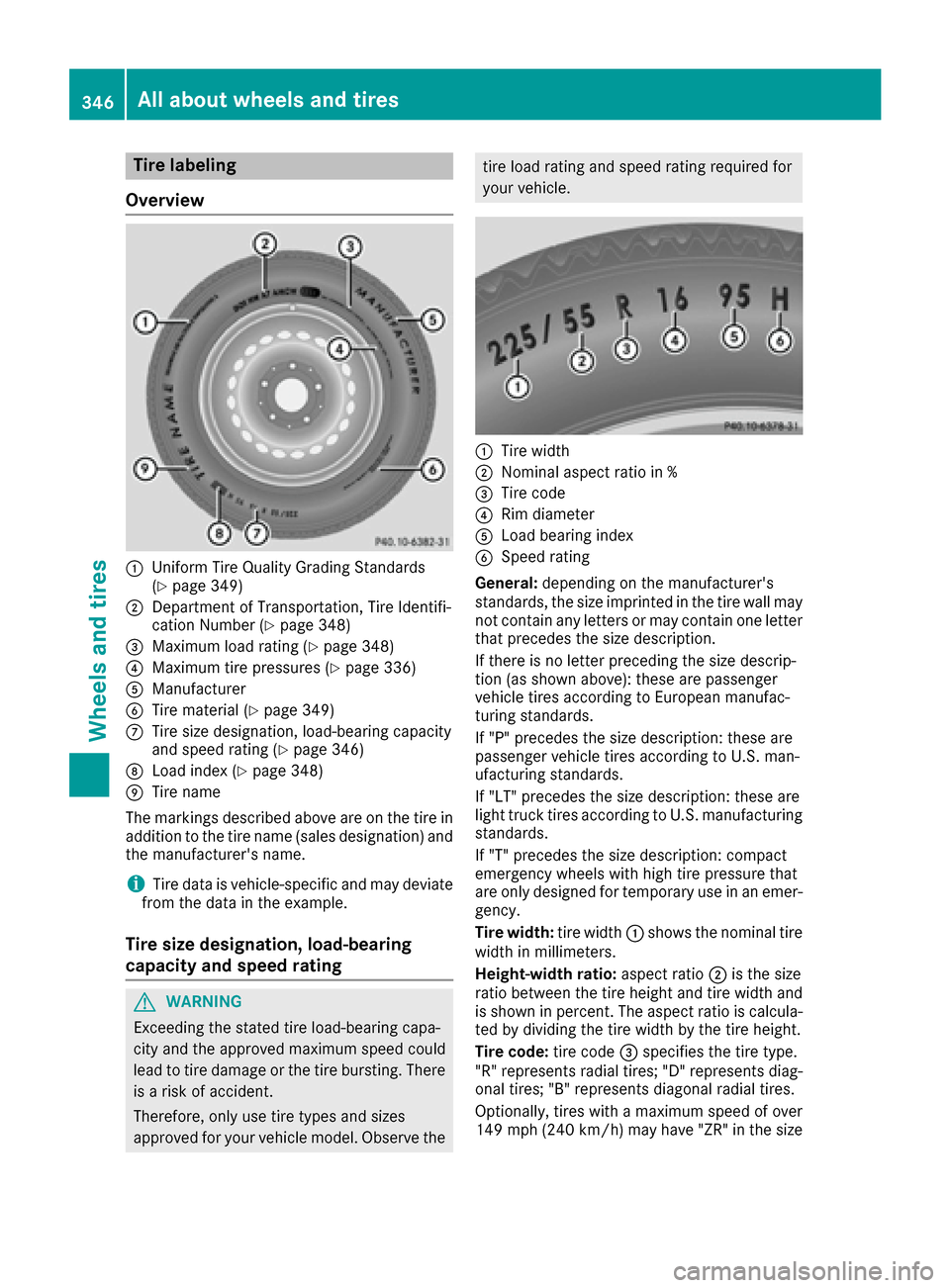 MERCEDES-BENZ GLE-Class 2016 C292 Owners Manual Tire labeling
Overview
:Uniform Tire Quality Grading Standards
(Ypage 349)
;Department of Transportation, Tire Identifi-
cation Number (Ypage 348)
=Maximum load rating (Ypage 348)
?Maximum tire pressu MERCEDES-BENZ GLE-Class 2016 C292 Owners Manual Tire labeling
Overview
:Uniform Tire Quality Grading Standards
(Ypage 349)
;Department of Transportation, Tire Identifi-
cation Number (Ypage 348)
=Maximum load rating (Ypage 348)
?Maximum tire pressu