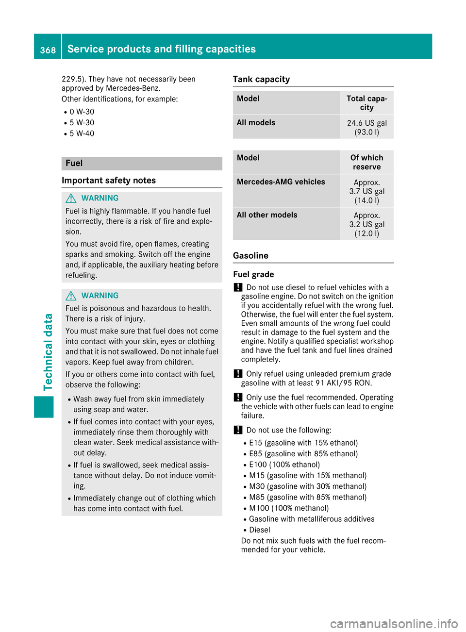 MERCEDES-BENZ GLE-Class 2016 C292 Owners Manual 229.5). They have not necessarily been
approved by Mercedes-Benz.
Other identifications, for example:
R0 W-30
R5 W-30
R5 W-40
Fuel
Important safety notes
GWARNING
Fuel is highly flammable. If you hand MERCEDES-BENZ GLE-Class 2016 C292 Owners Manual 229.5). They have not necessarily been
approved by Mercedes-Benz.
Other identifications, for example:
R0 W-30
R5 W-30
R5 W-40
Fuel
Important safety notes
GWARNING
Fuel is highly flammable. If you hand