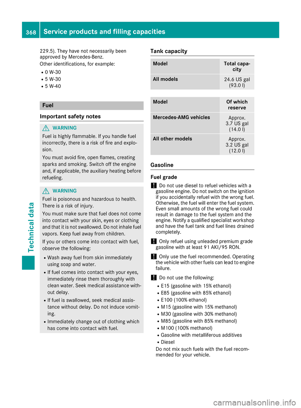 MERCEDES-BENZ GLE-Class 2016 C292 Owners Manual 229.5). They have not necessarily been
approved by Mercedes-Benz.
Other identifications, for example:
R0 W-30
R5 W-30
R5 W-40
Fuel
Important safety notes
GWARNING
Fuel is highly flammable. If you hand