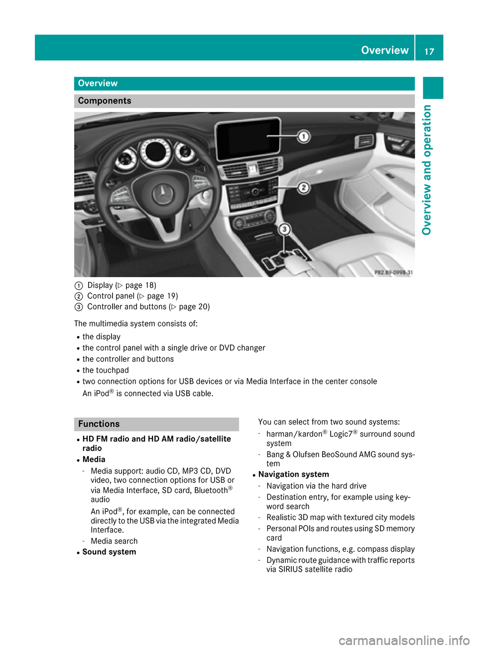 MERCEDES-BENZ GLE-Class 2016 C292 Comand Manual Overview
Components
:Display (Ypage 18)
;Control panel (Ypage 19)
=Controller and buttons (Ypage 20)
The multimedia system consists of:
Rthe display
Rthe control panel with a single drive or DVD chang