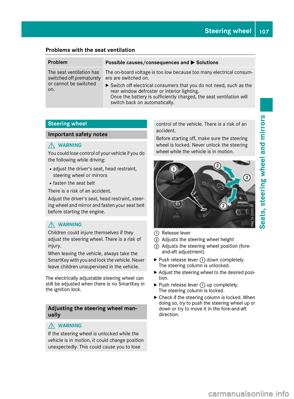 MERCEDES-BENZ GLE-Class 2016 W218 Owners Manual Problems with the seat ventilation
ProblemPossible causes/consequences andMSolutions
The seat ventilation has
switched off prematurely
or cannot be switched
on.The on-board voltage is too low because 