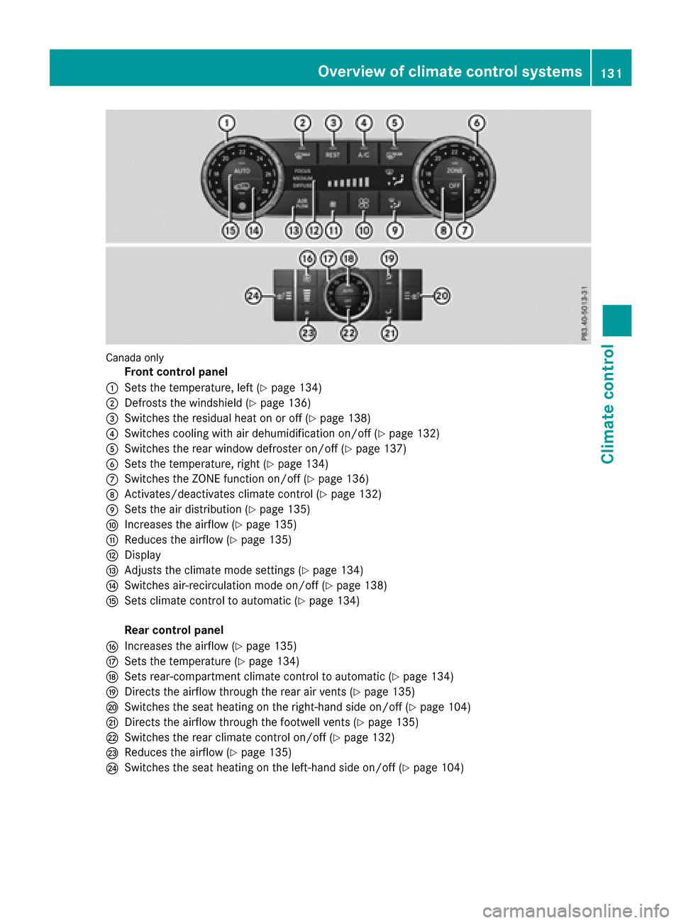 MERCEDES-BENZ GLE-Class 2016 W218 Owners Manual Canada only
Front control panel
:Sets the temperature, left (Ypage 134)
;Defrosts the windshield (Ypage 136)
=Switches the residual heat on or off (Ypage 138)
?Switches cooling with air dehumidificati