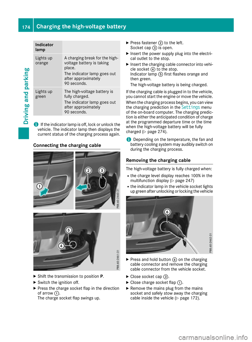 MERCEDES-BENZ GLE-Class 2016 W218 Owners Manual Indicator
lamp
Lights up
orangeA charging break for the high-
voltage battery is taking
place.
The indicator lamp goes out
after approximately
90 seconds.
Lights up
greenThe high-voltage battery is
fu
