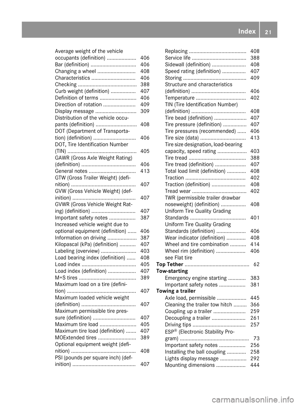 MERCEDES-BENZ GLE-Class 2016 W218 Owners Guide Average weight of the vehicle
occupants (definition) .................... 406
Bar (definition) ............................... 406
Changing a wheel .......................... 408
Characteristics ..... MERCEDES-BENZ GLE-Class 2016 W218 Owners Guide Average weight of the vehicle
occupants (definition) .................... 406
Bar (definition) ............................... 406
Changing a wheel .......................... 408
Characteristics .....