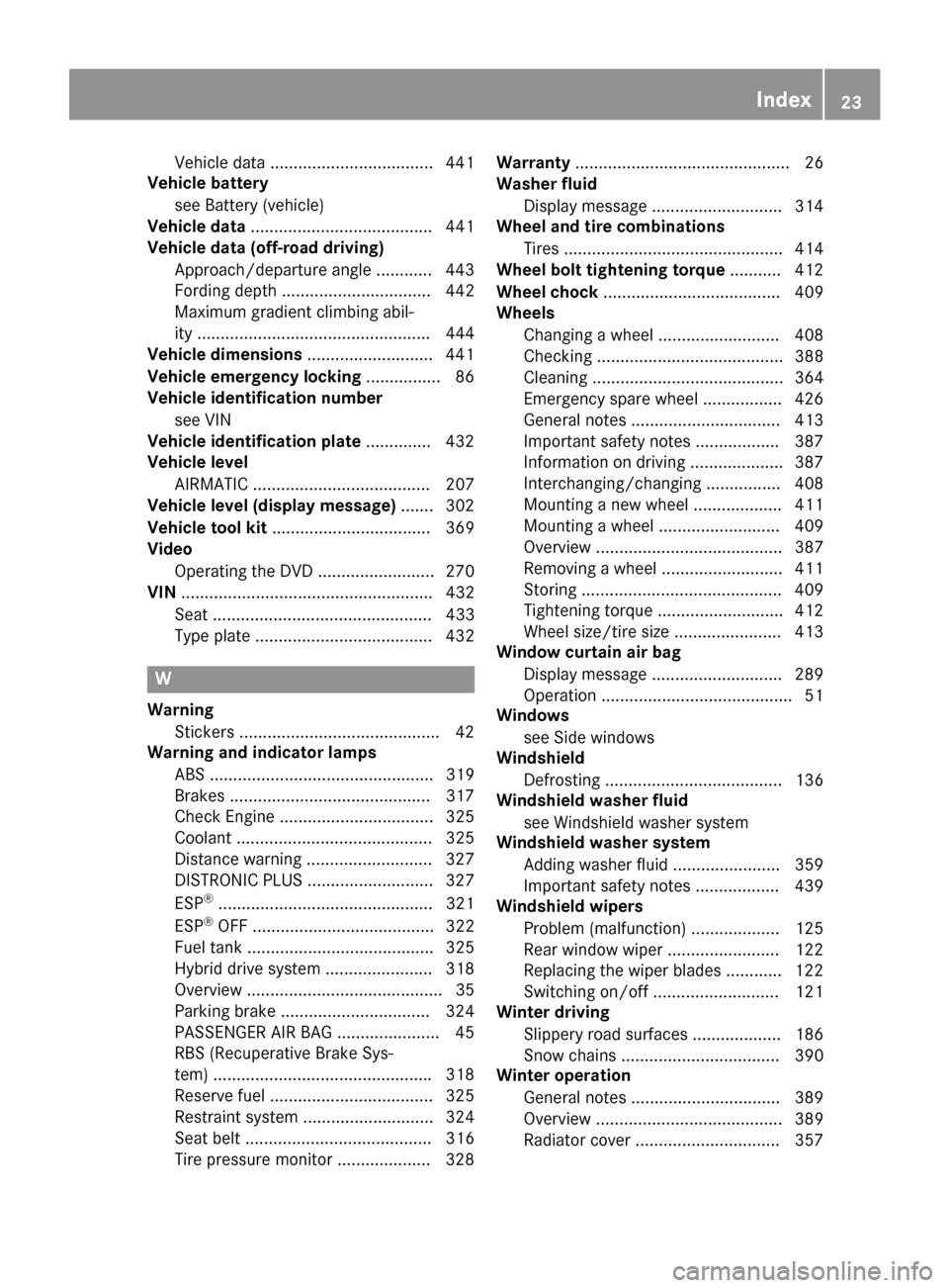 MERCEDES-BENZ GLE-Class 2016 W218 Owners Manual Vehicle data ................................... 441
Vehicle battery
see Battery (vehicle)
Vehicle data ....................................... 441
Vehicle data (off-road driving)
Approach/departure a