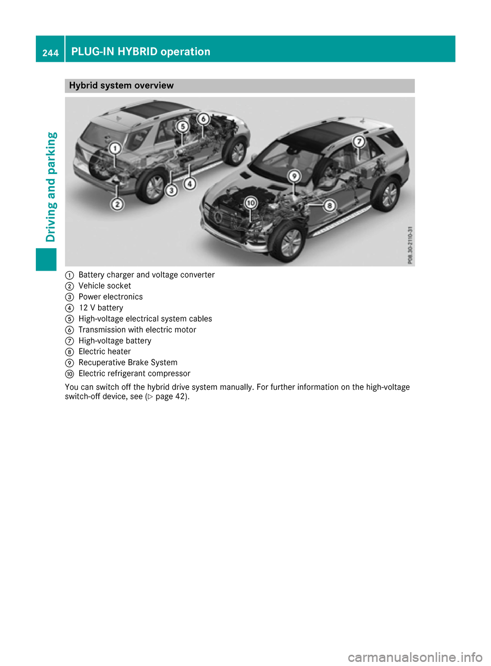 MERCEDES-BENZ GLE-Class 2016 W218 Owners Manual Hybrid system overview
:Battery charger and voltage converter
;Vehicle socket
=Power electronics
?12 V battery
AHigh-voltage electrical system cables
BTransmission with electric motor
CHigh-voltage ba