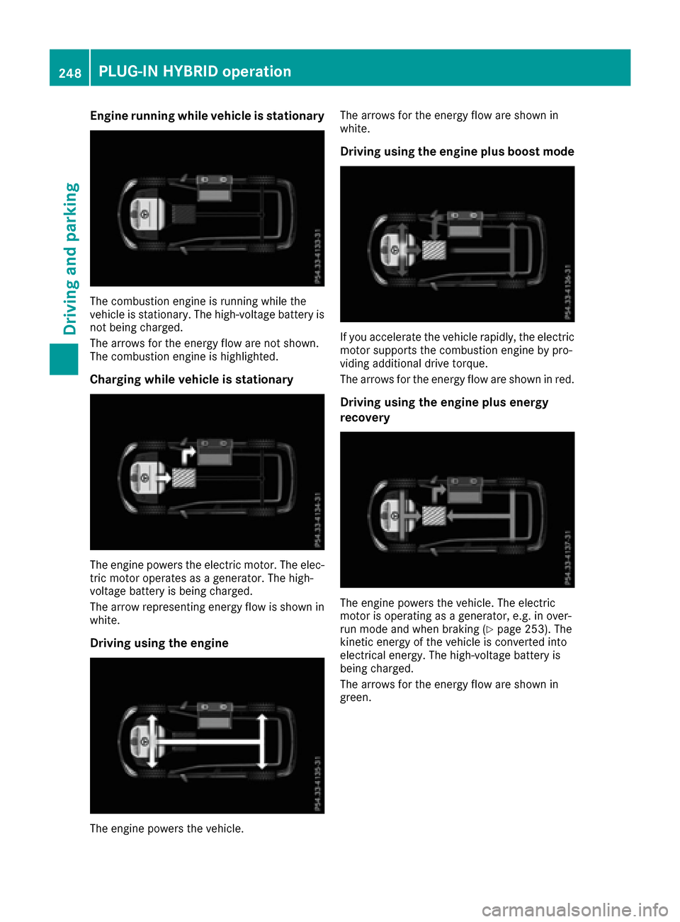 MERCEDES-BENZ GLE-Class 2016 W218 Owners Manual Engine running while vehicle is stationary
The combustion engine is running while the
vehicle is stationary. The high-voltage battery is
not being charged.
The arrows for the energy flow are not shown