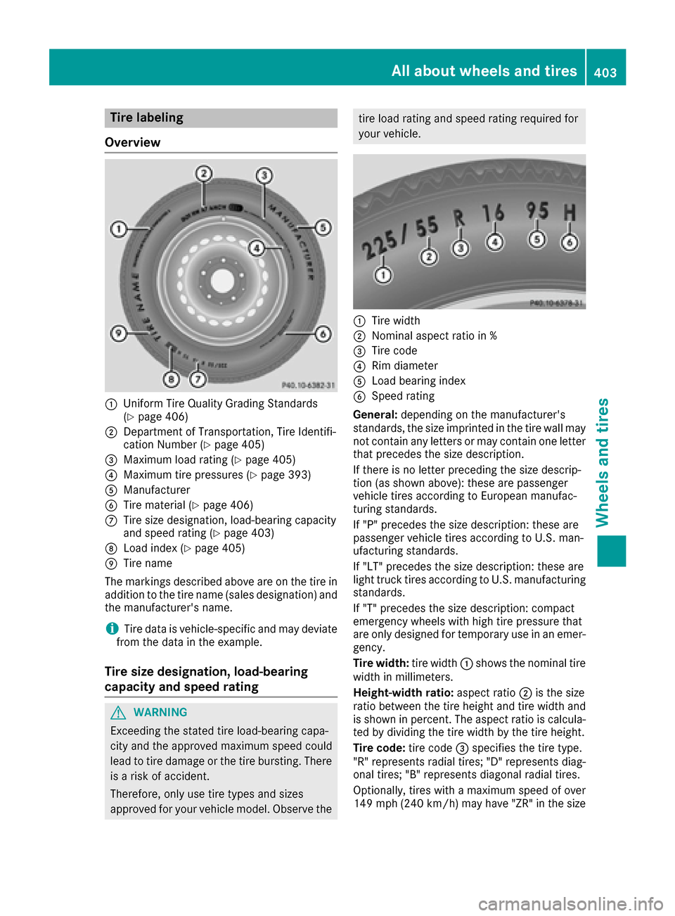 MERCEDES-BENZ GLE-Class 2016 W218 Owners Manual Tire labeling
Overview
:Uniform Tire Quality Grading Standards
(Ypage 406)
;Department of Transportation, Tire Identifi-
cation Number (Ypage 405)
=Maximum load rating (Ypage 405)
?Maximum tire pressu MERCEDES-BENZ GLE-Class 2016 W218 Owners Manual Tire labeling
Overview
:Uniform Tire Quality Grading Standards
(Ypage 406)
;Department of Transportation, Tire Identifi-
cation Number (Ypage 405)
=Maximum load rating (Ypage 405)
?Maximum tire pressu