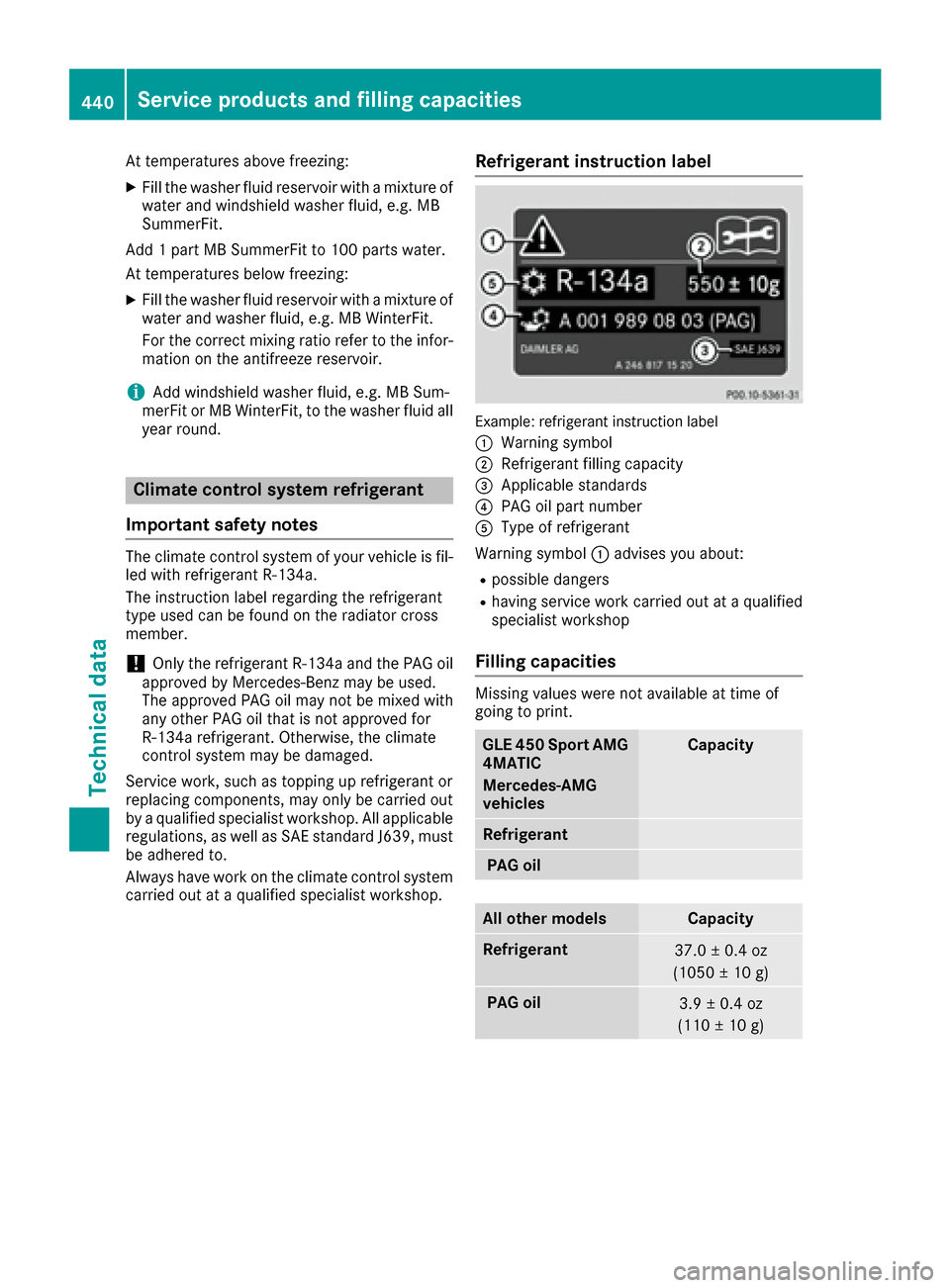 MERCEDES-BENZ GLE-Class 2016 W218 Owners Manual At temperatures above freezing:
XFill the washer fluid reservoir with a mixture of
water and windshield washer fluid, e.g. MB
SummerFit.
Add 1 part MB SummerFit to 100 parts water.
At temperatures bel MERCEDES-BENZ GLE-Class 2016 W218 Owners Manual At temperatures above freezing:
XFill the washer fluid reservoir with a mixture of
water and windshield washer fluid, e.g. MB
SummerFit.
Add 1 part MB SummerFit to 100 parts water.
At temperatures bel