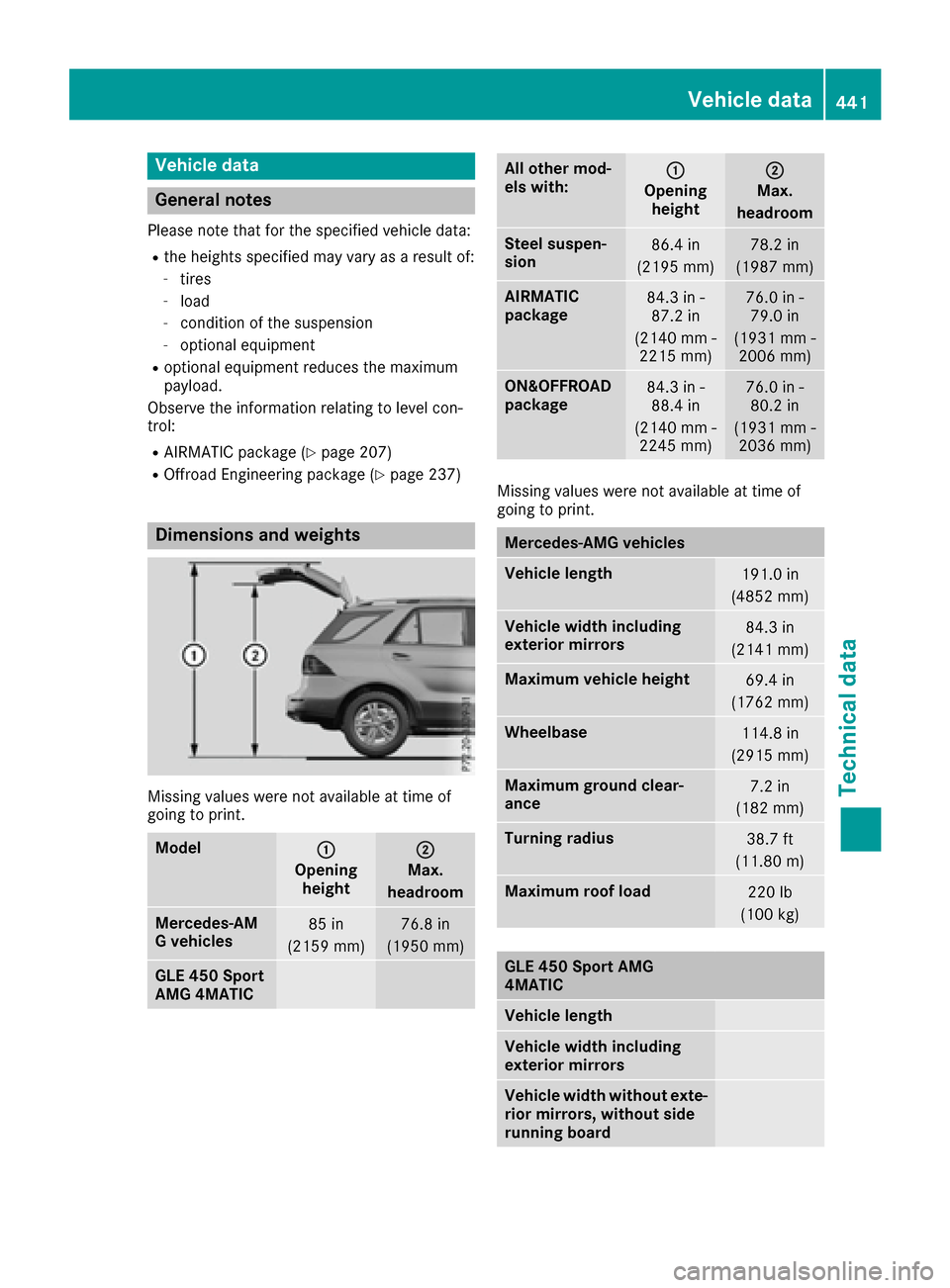 MERCEDES-BENZ GLE-Class 2016 W218 Owners Manual Vehicle data
General notes
Please note that for the specified vehicle data:
Rthe heights specified may vary as a result of:
-tires
-load
-condition of the suspension
-optional equipment
Roptional equi MERCEDES-BENZ GLE-Class 2016 W218 Owners Manual Vehicle data
General notes
Please note that for the specified vehicle data:
Rthe heights specified may vary as a result of:
-tires
-load
-condition of the suspension
-optional equipment
Roptional equi