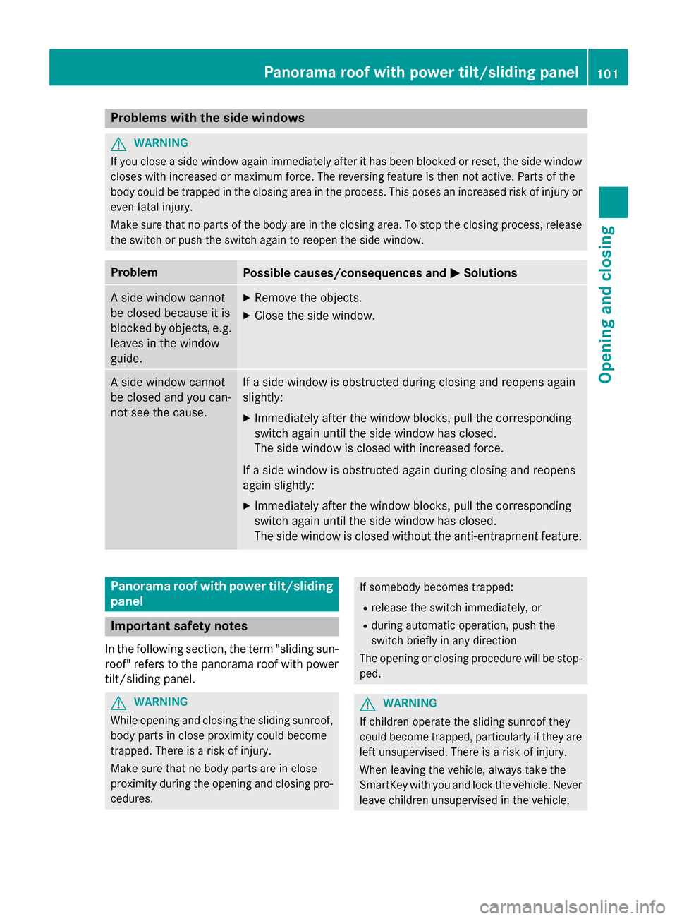 MERCEDES-BENZ GLC-Class 2016 X253 User Guide Problems with the side windows
GWARNING
If you close a side window again immediately after it has been blocked or reset, the side window
closes with increased or maximum force. The reversing feature i