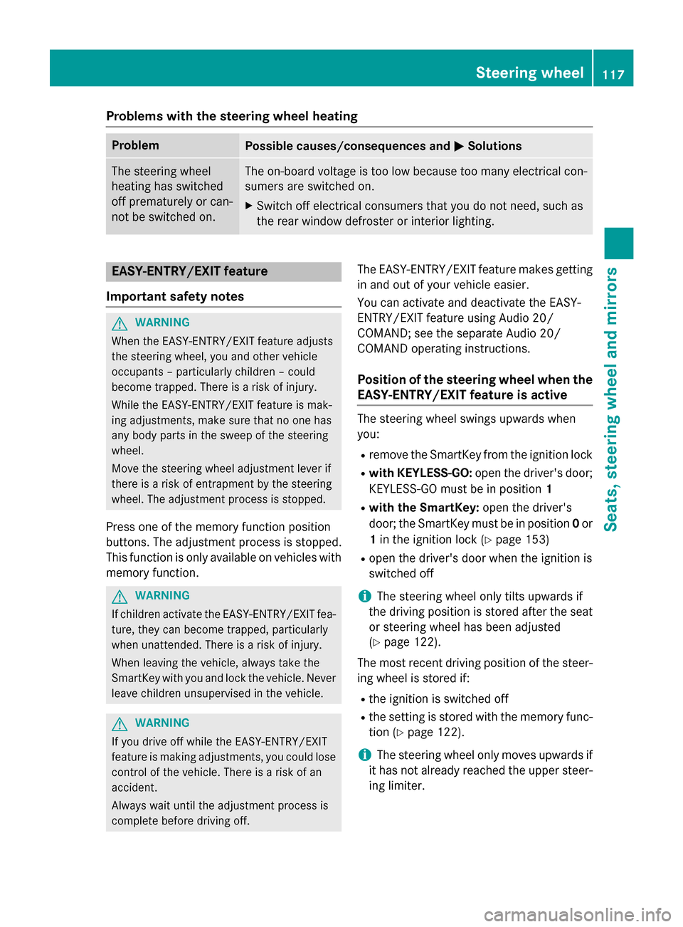 MERCEDES-BENZ GLC-Class 2016 X253 Owners Manual Problems with the steering wheel heating
ProblemPossible causes/consequences andMSolutions
The steering wheel
heating has switched
off prematurely or can-
not be switched on.The on-board voltage is to MERCEDES-BENZ GLC-Class 2016 X253 Owners Manual Problems with the steering wheel heating
ProblemPossible causes/consequences andMSolutions
The steering wheel
heating has switched
off prematurely or can-
not be switched on.The on-board voltage is to