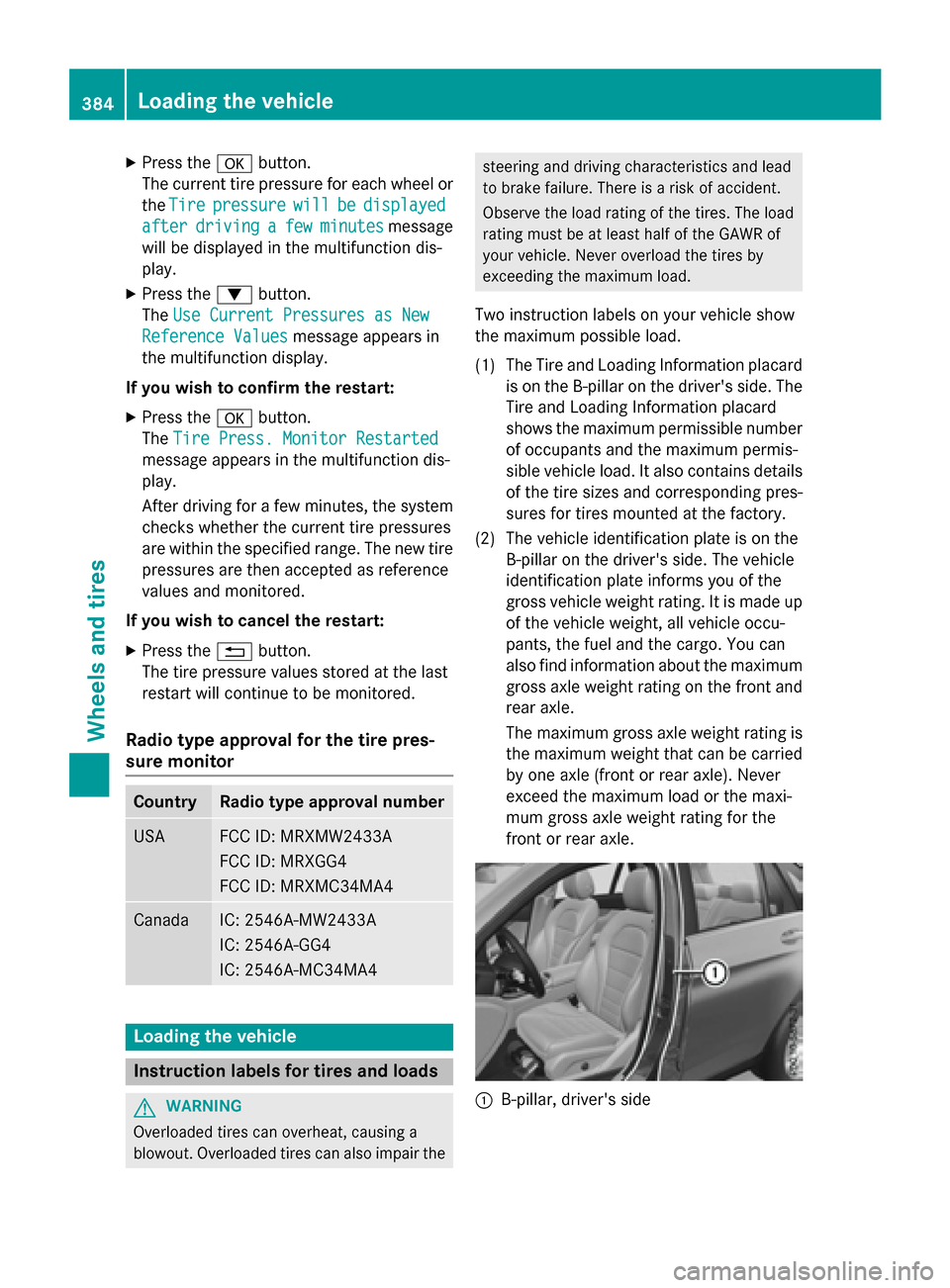 MERCEDES-BENZ GLC-Class 2016 X253 Owners Manual XPress theabutton.
The current tire pressure for each wheel or
the Tire
pressurewillbedisplayed
afterdrivingafewminutesmessage
will be displayed in the multifunction dis-
play.
XPress the :button.
The MERCEDES-BENZ GLC-Class 2016 X253 Owners Manual XPress theabutton.
The current tire pressure for each wheel or
the Tire
pressurewillbedisplayed
afterdrivingafewminutesmessage
will be displayed in the multifunction dis-
play.
XPress the :button.
The