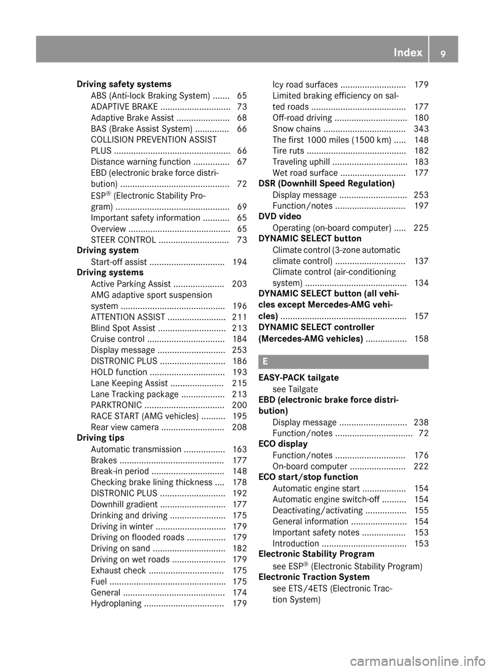 MERCEDES-BENZ GLA-Class 2016 X156 Owners Manual Driving safetysystems
AB S(Anti-loc kBraking System) ...... .65
ADAPTIVE BRAKE ............................. 73
Adaptive Brake Assist ...................... 68
BAS (Brake Assist System) ..............