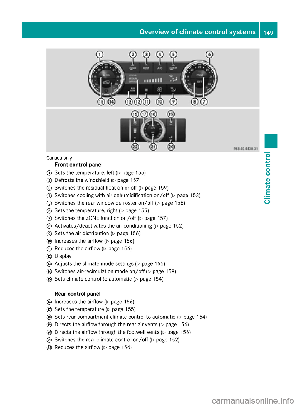 MERCEDES-BENZ GL-Class 2016 X166 Owners Manual Canada only
Front control panel
:Sets the temperature, left (Ypage 155)
;Defrosts the windshield (Ypage 157)
=Switches the residual heat on or off (Ypage 159)
?Switches cooling with air dehumidificati