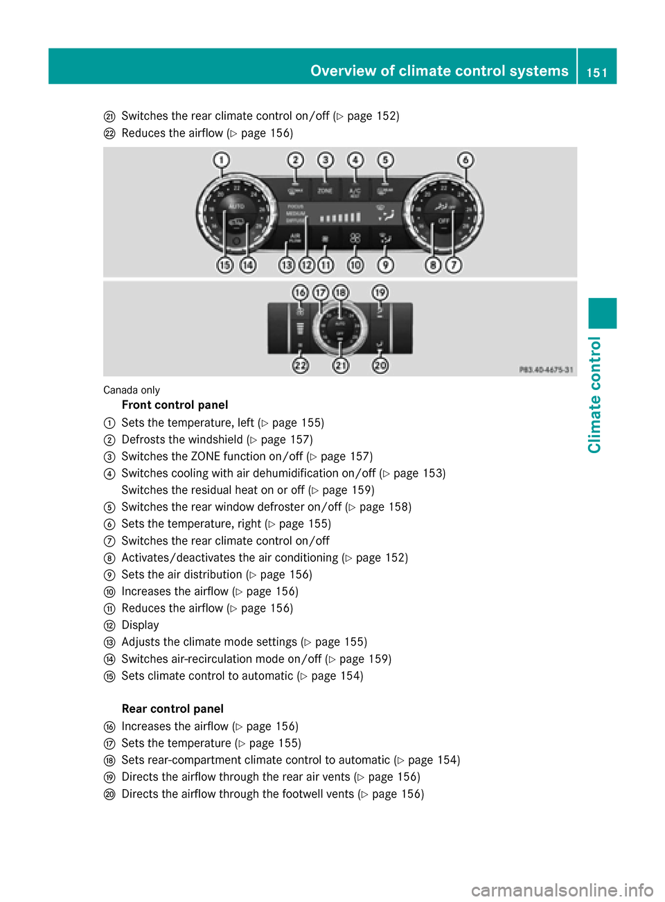 MERCEDES-BENZ GL-Class 2016 X166 Owners Manual QSwitches the rear climate control on/off (Ypage 152)
RReduces the airflow (Ypage 156)
Canada only
Front control panel
:Sets the temperature, left (Ypage 155)
;Defrosts the windshield (Ypage 157)
=Swi
