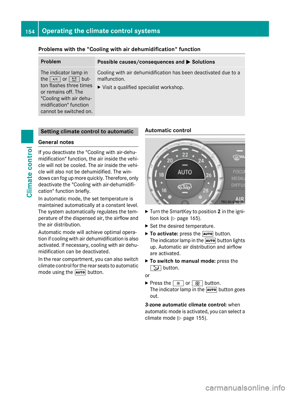 MERCEDES-BENZ GL-Class 2016 X166 Owners Manual Problems with the "Cooling with air dehumidification" function
ProblemPossible causes/consequences andMSolutions
The indicator lamp in
the¿ orÁ but-
ton flashes three times
or remains off. The
"Cool