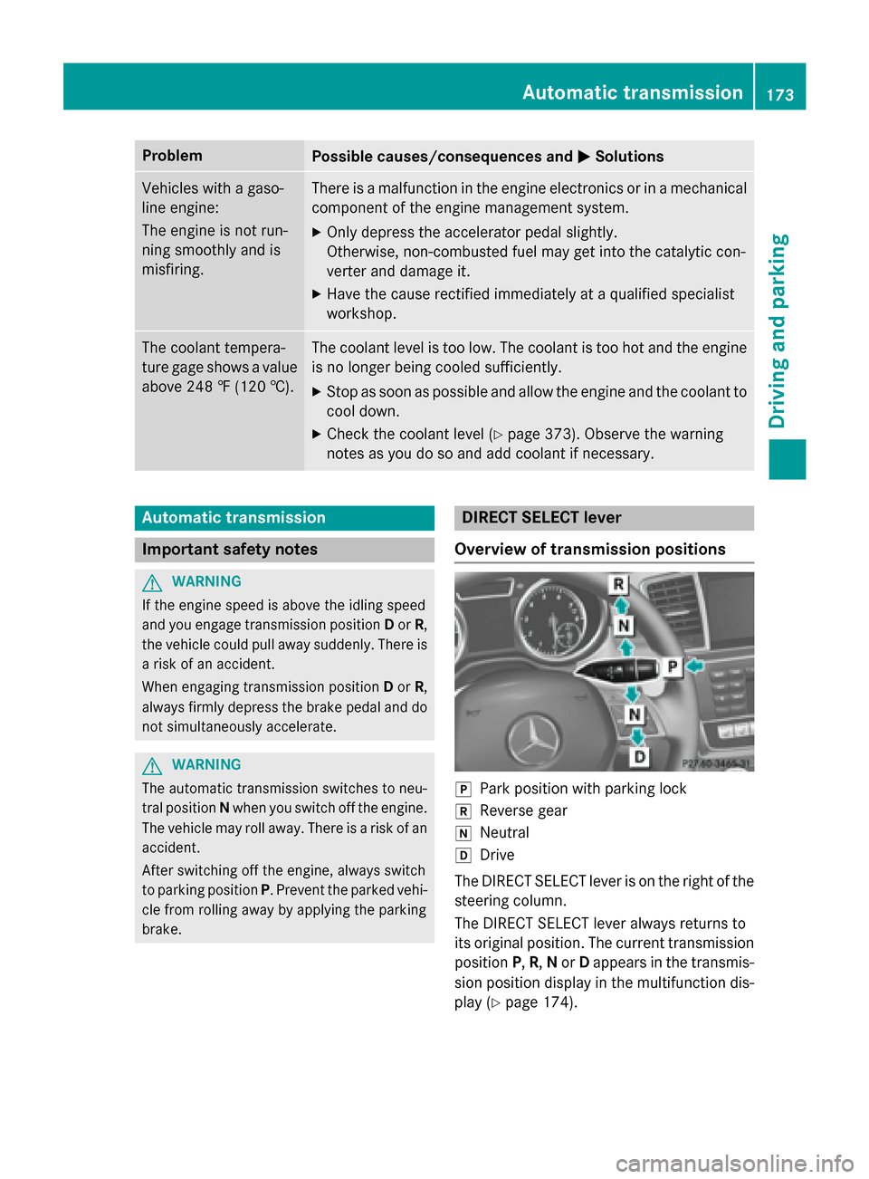 MERCEDES-BENZ GL-Class 2016 X166 Owners Manual ProblemPossible causes/consequences andMSolutions
Vehicles with a gaso-
line engine:
The engine is not run-
ning smoothly and is
misfiring.There is a malfunction in the engine electronics or in a mech