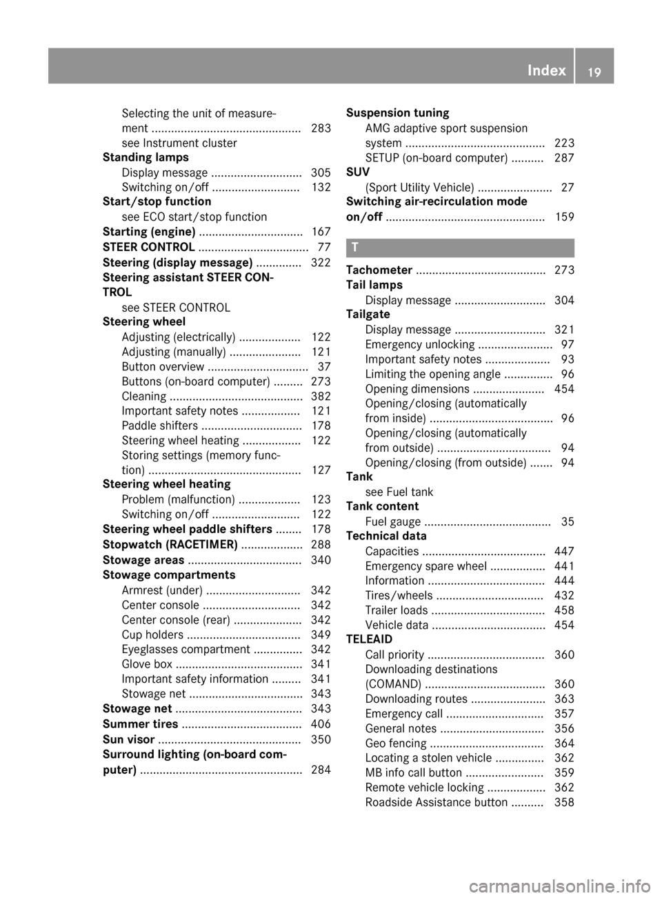 MERCEDES-BENZ GL-Class 2016 X166 Owners Manual Selecting the unit of measure-
ment .............................................. 283
see Instrument cluster
Standing lamps
Display message ............................ 305
Switching on/off .........