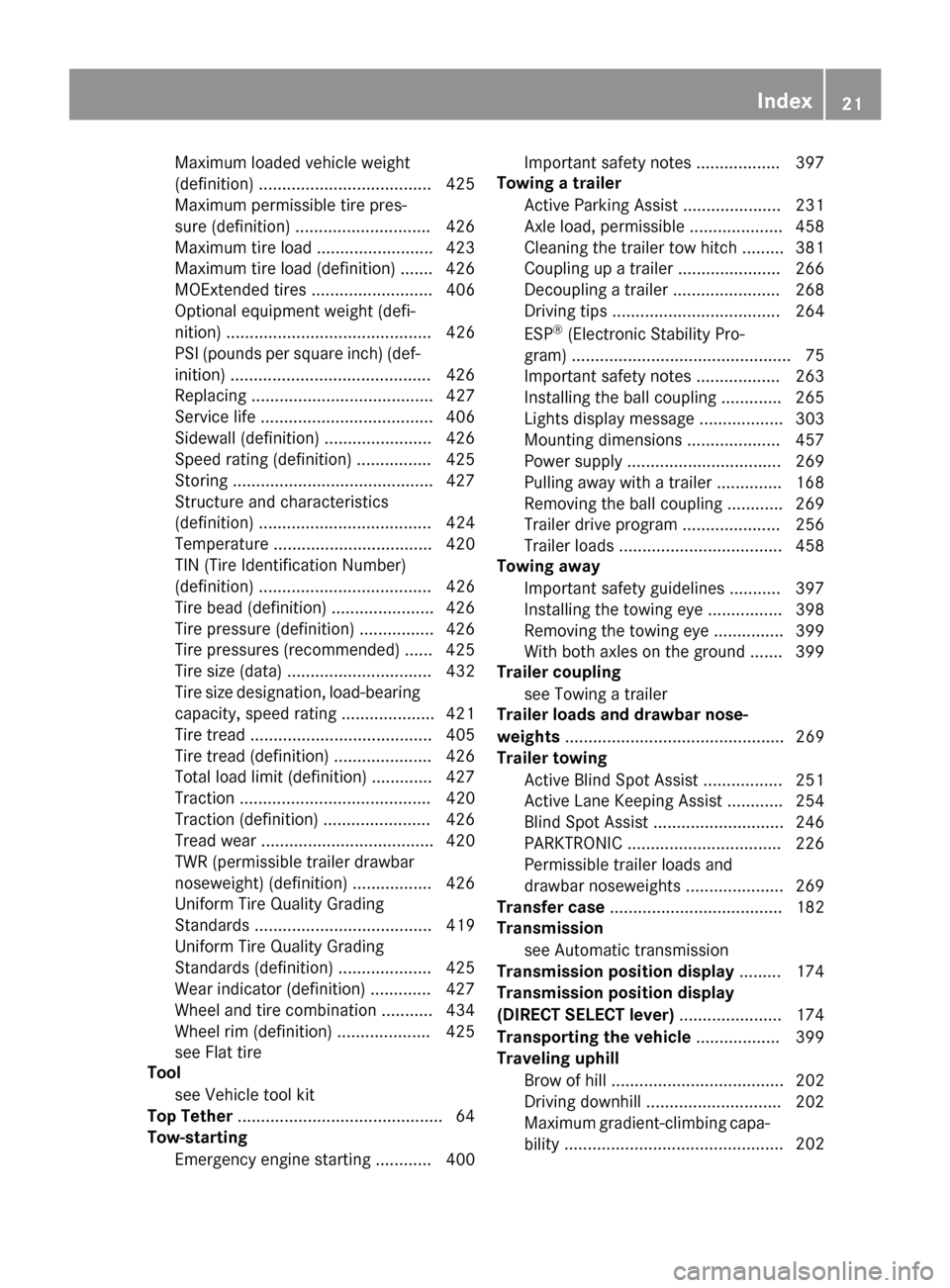 MERCEDES-BENZ GL-Class 2016 X166 Owners Guide Maximum loaded vehicle weight
(definition) .....................................425
Maximum permissible tire pres-
sure (definition) .............................4 26
Maximum tire load ............... MERCEDES-BENZ GL-Class 2016 X166 Owners Guide Maximum loaded vehicle weight
(definition) .....................................425
Maximum permissible tire pres-
sure (definition) .............................4 26
Maximum tire load ...............