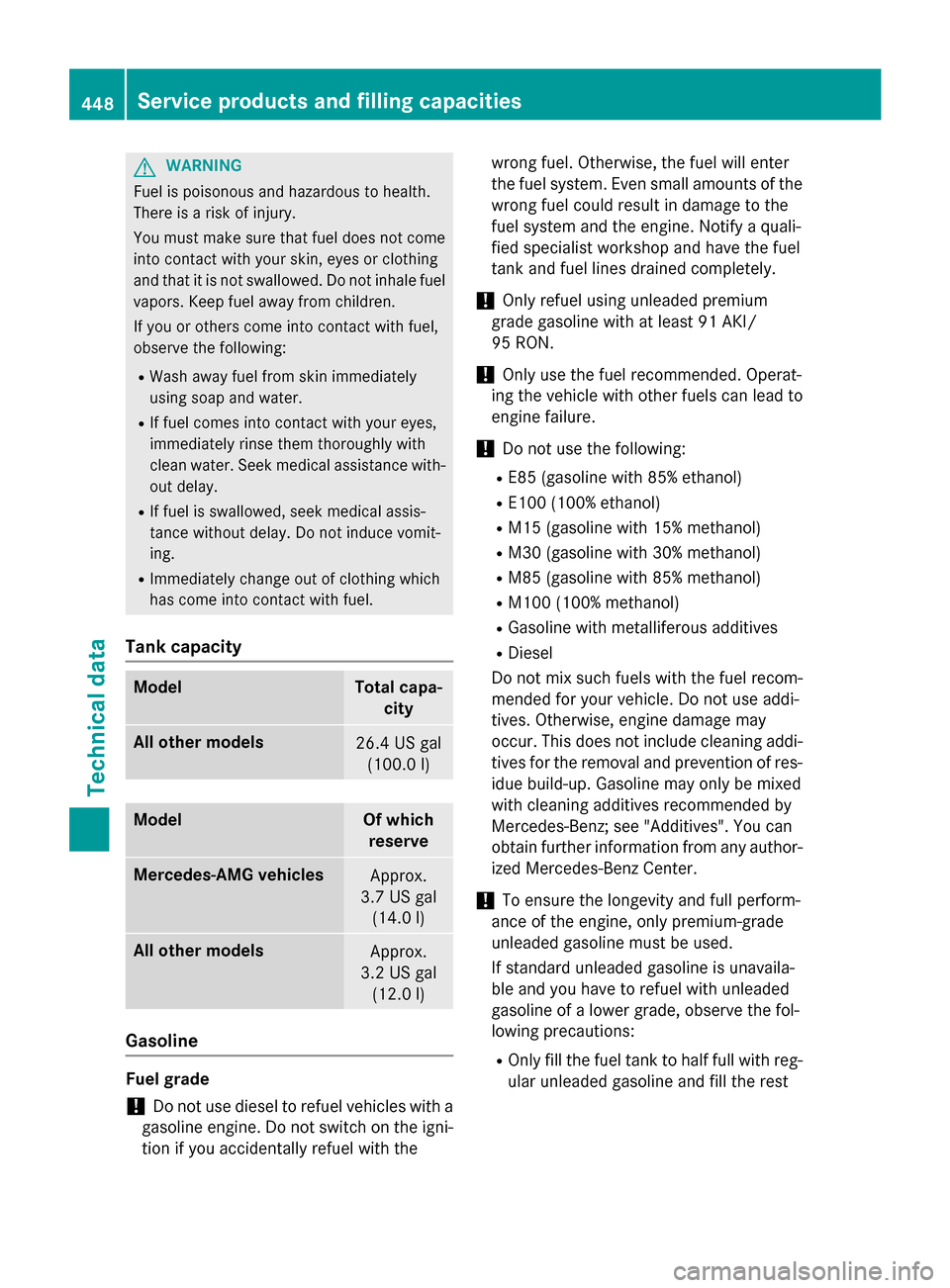 MERCEDES-BENZ GL-Class 2016 X166 Owners Manual GWARNING
Fuel is poisonous and hazardous to health.
There is a risk of injury.
You must make sure that fuel does not come into contact with your skin, eyes or clothing
and that it is not swallowed. Do