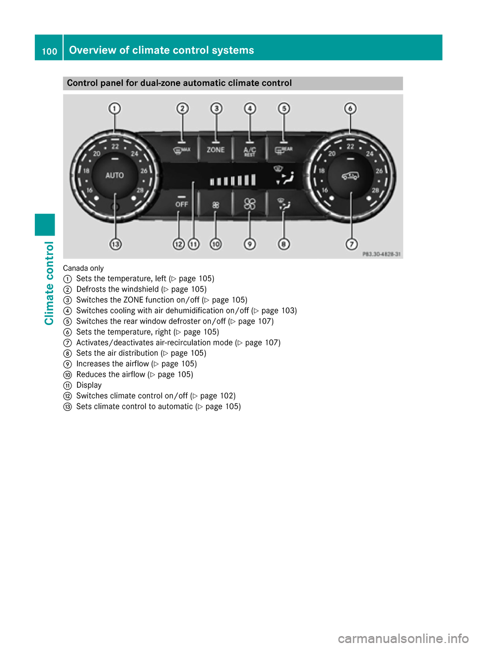 MERCEDES-BENZ G-Class 2016 W463 Owners Manual Control panel for dual-zone automatic climate control
Canadaonly
:
Sets the temperature, left (Ypage 105)
;Defrosts the windshield (Ypage 105)
=Switches the ZONE function on/off (Ypage 105)
?Switches 