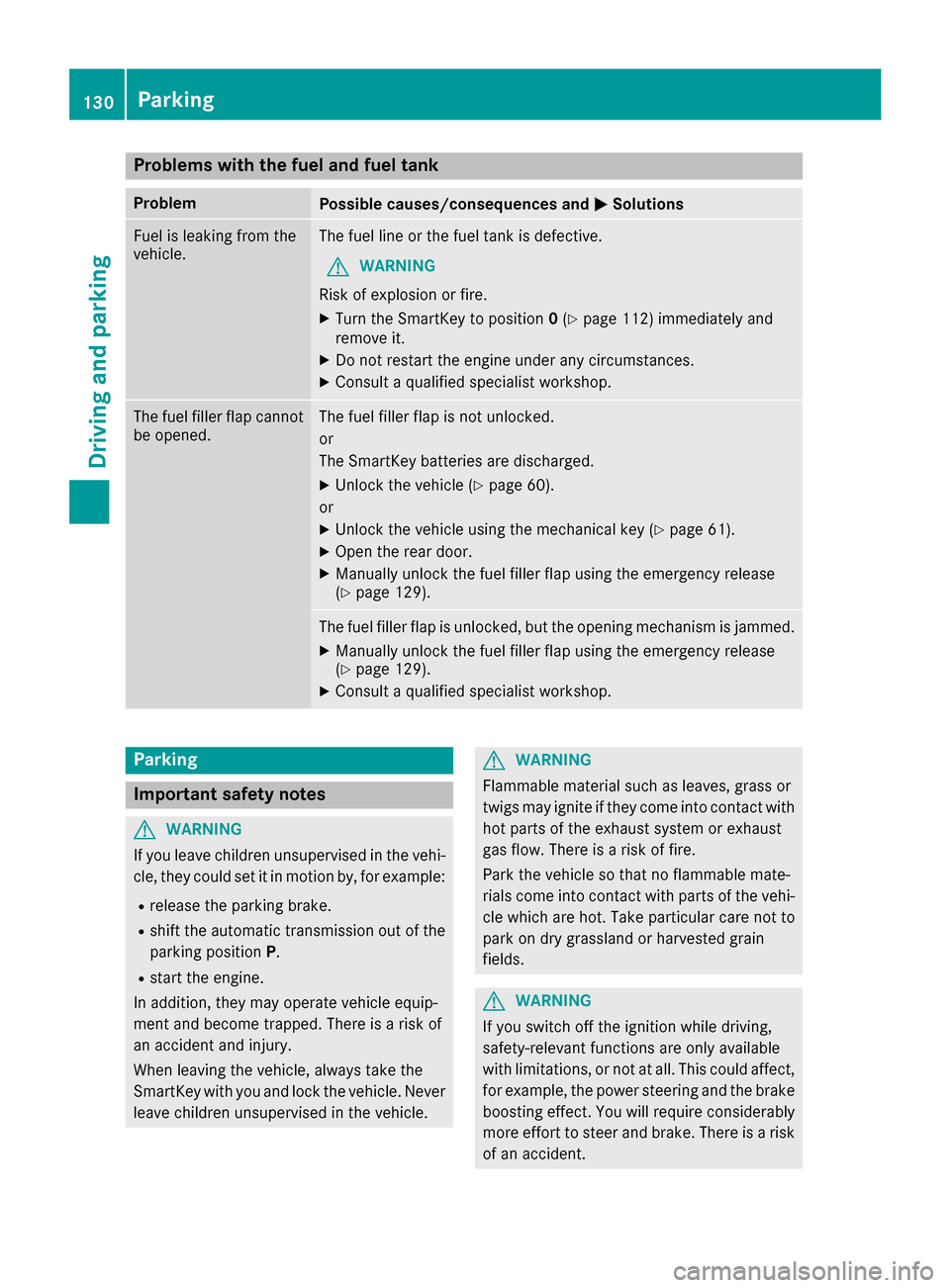 MERCEDES-BENZ G-Class 2016 W463 Owners Manual Problems with the fuel and fuel tank
ProblemPossible causes/consequences andMSolutions
Fuel is leaking from the
vehicle.The fuel line or the fuel tank is defective.
GWARNING
Risk of explosion or fire. MERCEDES-BENZ G-Class 2016 W463 Owners Manual Problems with the fuel and fuel tank
ProblemPossible causes/consequences andMSolutions
Fuel is leaking from the
vehicle.The fuel line or the fuel tank is defective.
GWARNING
Risk of explosion or fire.