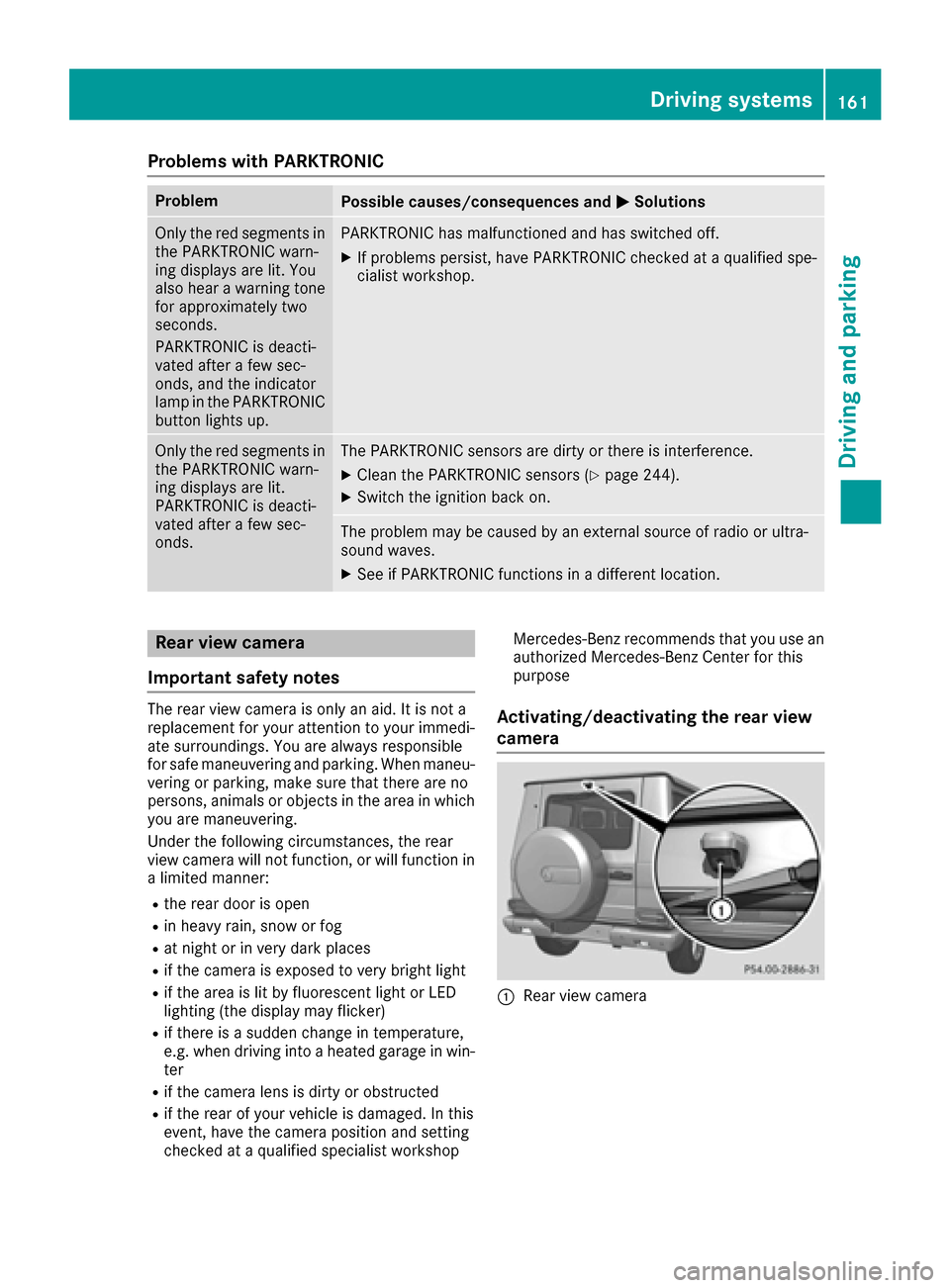 MERCEDES-BENZ G-Class 2016 W463 User Guide Problems with PARKTRONIC
ProblemPossible causes/consequences andMSolutions
Only the red segments in
the PARKTRONIC warn-
ing displays are lit. You
also hear a warning tone
for approximately two
second
