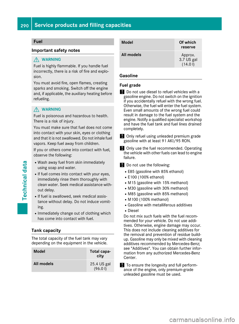 MERCEDES-BENZ G-Class 2016 W463 Owners Manual Fuel
Important safety notes
GWARNIN G
Fuel is highly flammable. If you handle fuel
incorrectly, there is aris kof fir eand explo-
sion .
You must avoi dfire, open flames, creating
sparks and smoking. 