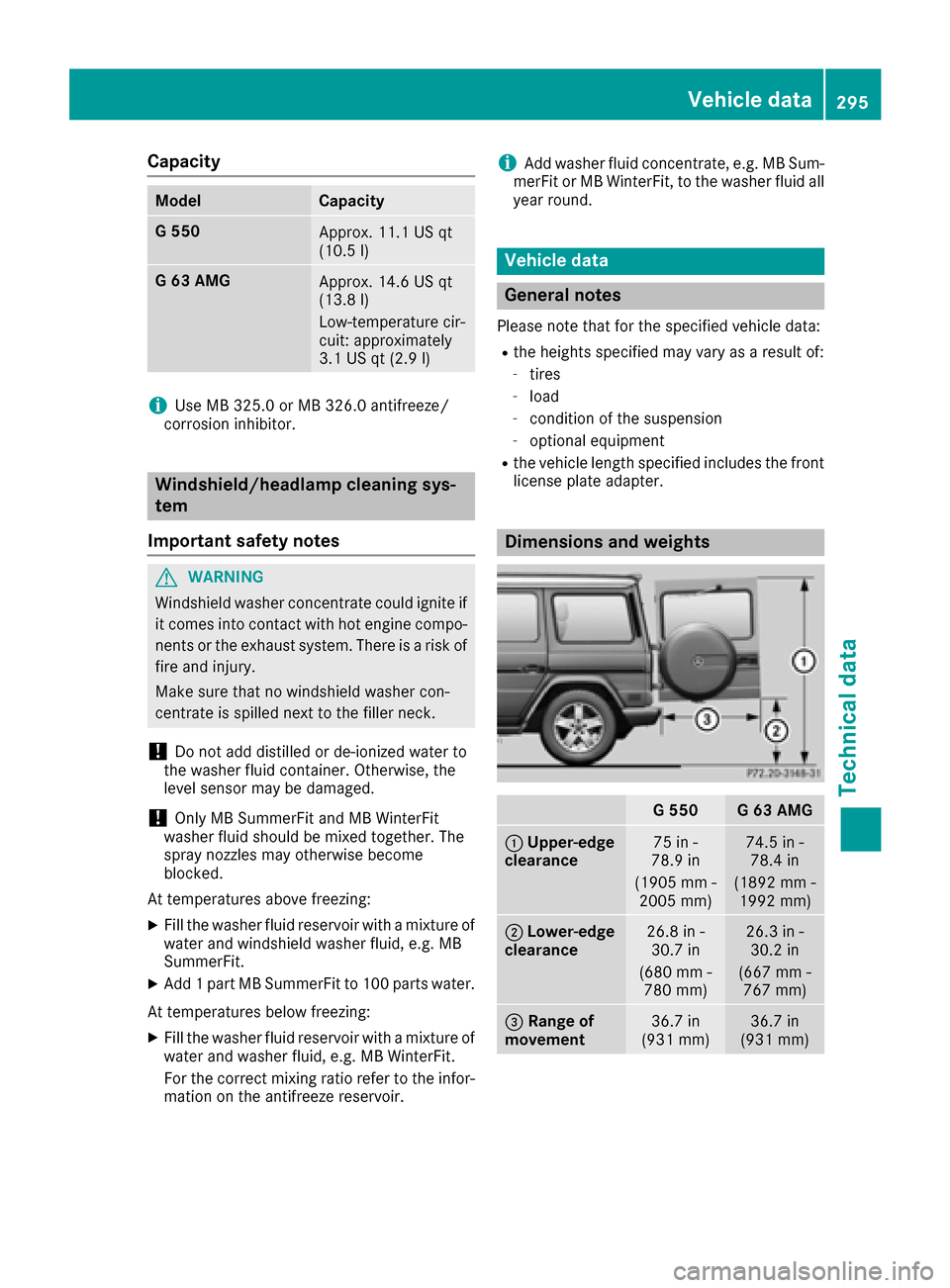 MERCEDES-BENZ G-Class 2016 W463 User Guide Capacity
ModelCapacity
G 550Approx. 11.1 US qt
(10.5 l)
G 63 AMGApprox. 14.6 US qt
(13.8 l)
Low-temperature cir-
cuit: approximately
3.1 US qt (2.9 l)
iUse MB 325.0 or MB 326.0 antifreeze/
corrosion i