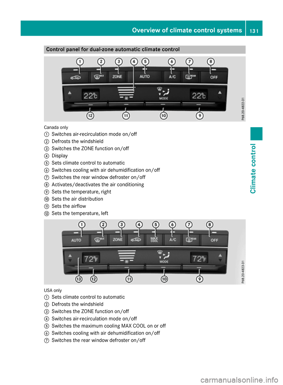 MERCEDES-BENZ E-Class SEDAN 2016 W213 Owners Manual Control panel for dual-zone automatic climate control
Canadaonly
:
Switches air-recirculation mode on/off
;Defrosts the windshield
=Switches the ZONE function on/off
?Display
ASets climate control to 