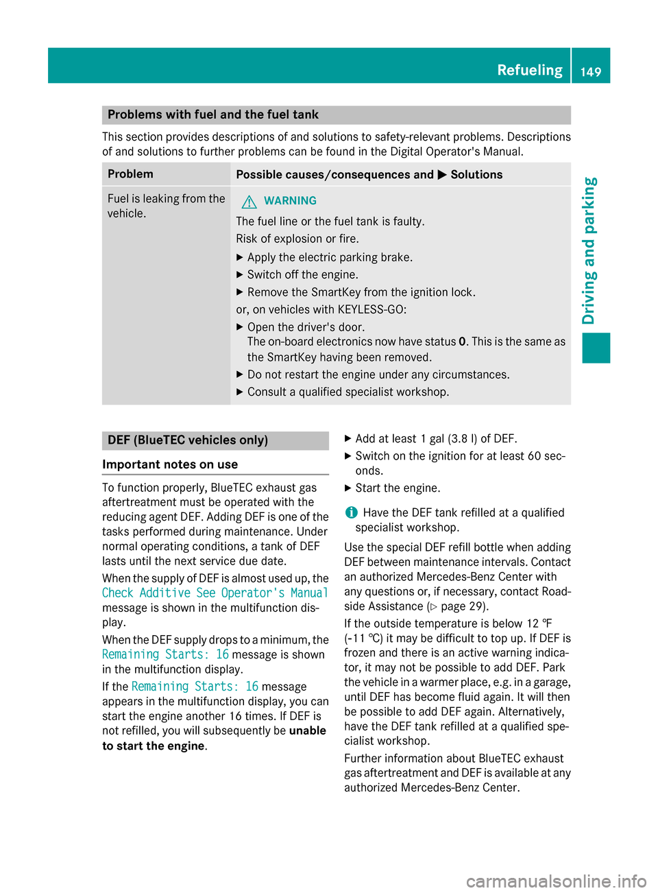 MERCEDES-BENZ E-Class WAGON 2016 W213 Owners Manual Problems with fuel and the fuel tank
This section provides descriptions of and solutions to safety-relevant problems. Descriptions
of and solutions to further problems can be found in the Digital Oper MERCEDES-BENZ E-Class WAGON 2016 W213 Owners Manual Problems with fuel and the fuel tank
This section provides descriptions of and solutions to safety-relevant problems. Descriptions
of and solutions to further problems can be found in the Digital Oper