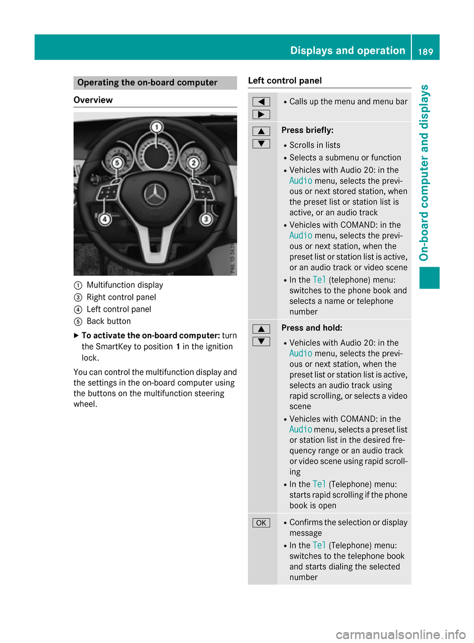 MERCEDES-BENZ E-Class WAGON 2016 W213 Owners Manual Operating the on-board computer
Overview
:Multifunction display
=Right control panel
?Left control panel
ABack button
XTo activate the on-board computer: turn
the SmartKey to position 1in the ignition MERCEDES-BENZ E-Class WAGON 2016 W213 Owners Manual Operating the on-board computer
Overview
:Multifunction display
=Right control panel
?Left control panel
ABack button
XTo activate the on-board computer: turn
the SmartKey to position 1in the ignition