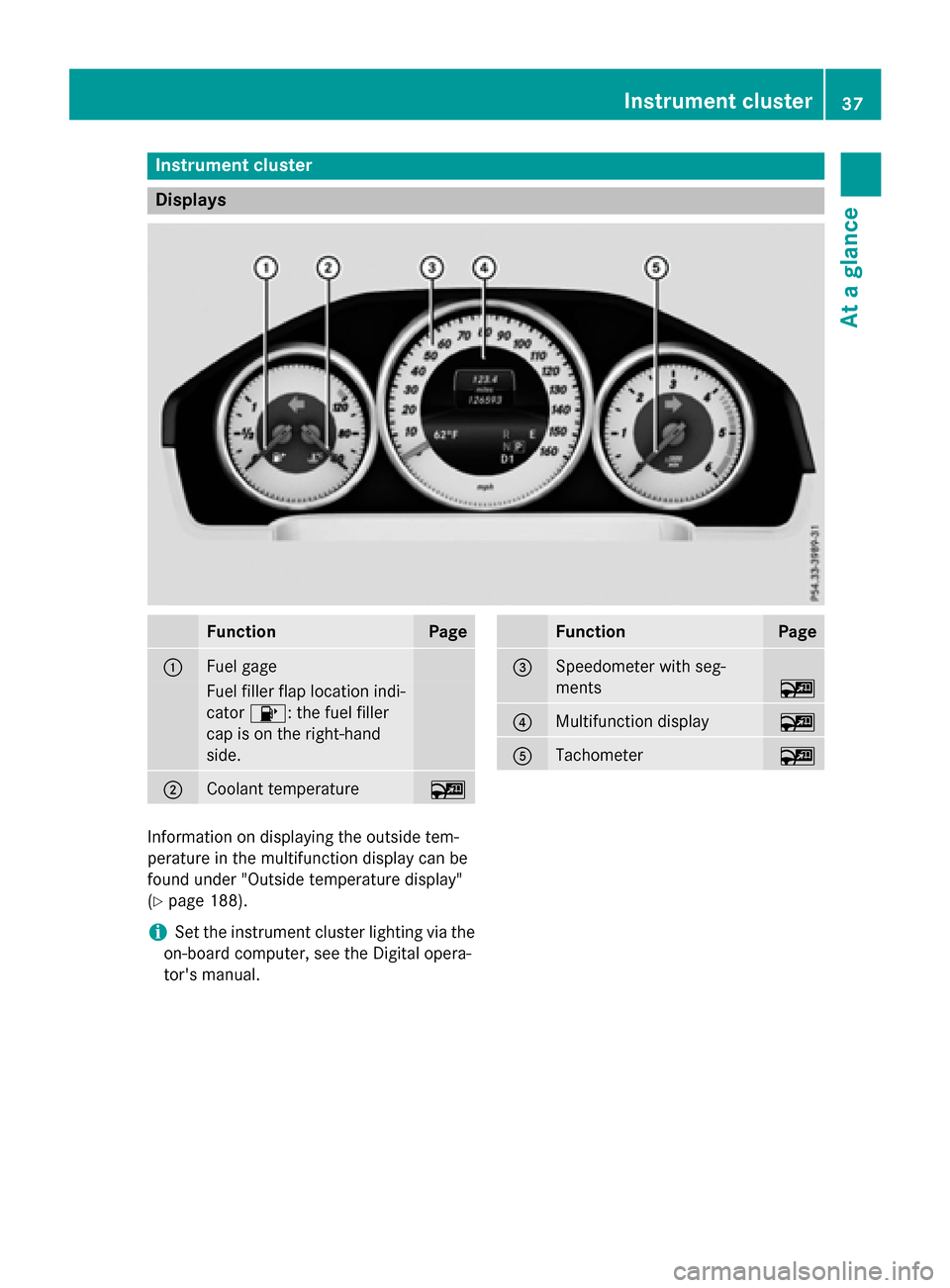 MERCEDES-BENZ E-Class WAGON 2016 W213 Owners Guide Instrument cluster
Displays
FunctionPage
:Fuel gage
Fuelfiller flap location ind i-
cator 8: the fuel filler
cap ison the right-hand
side .
;Coolant temperature~
FunctionPage
=Speedometer with seg-
me