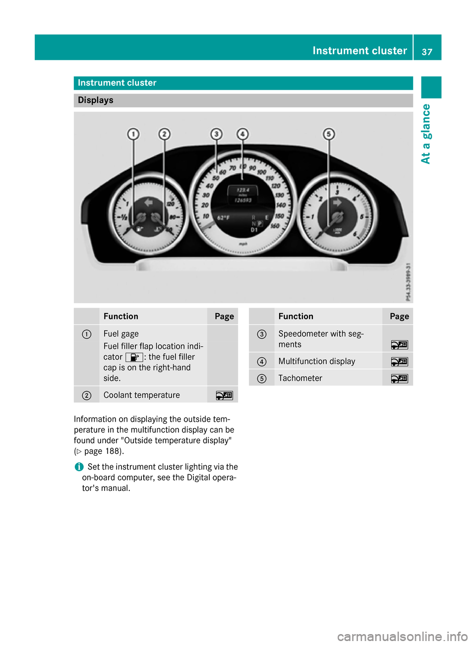 MERCEDES-BENZ E-Class WAGON 2016 W213 Owners Manual Instrument cluster
Displays
FunctionPage
:Fuel gage
Fuelfiller flap location ind i-
cator 8: the fuel filler
cap ison the right-hand
side .
;Coolant temperature~
FunctionPage
=Speedometer with seg-
me