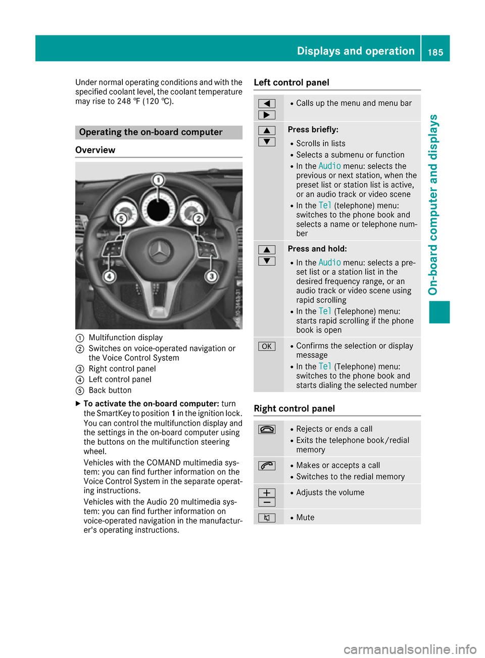 MERCEDES-BENZ E-Class COUPE 2016 C207 Owners Manual Under normal operating conditions and with the
specified coolant level, the coolant temperature
may rise to 248 ‡ (120 †).
Operating the on-board computer
Overview
:Multifunction display
;Switches