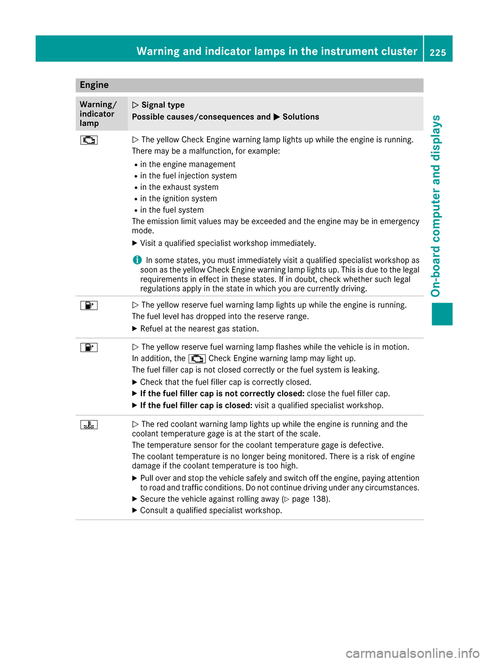 MERCEDES-BENZ E-Class COUPE 2016 C207 Owners Manual Engine
Warning/
indicator
lampNSignal type
Possible causes/consequences and M
Solutions
;NThe yellow Check Engine warning lamp lights up while the engine is running.
There may be a malfunction, for ex