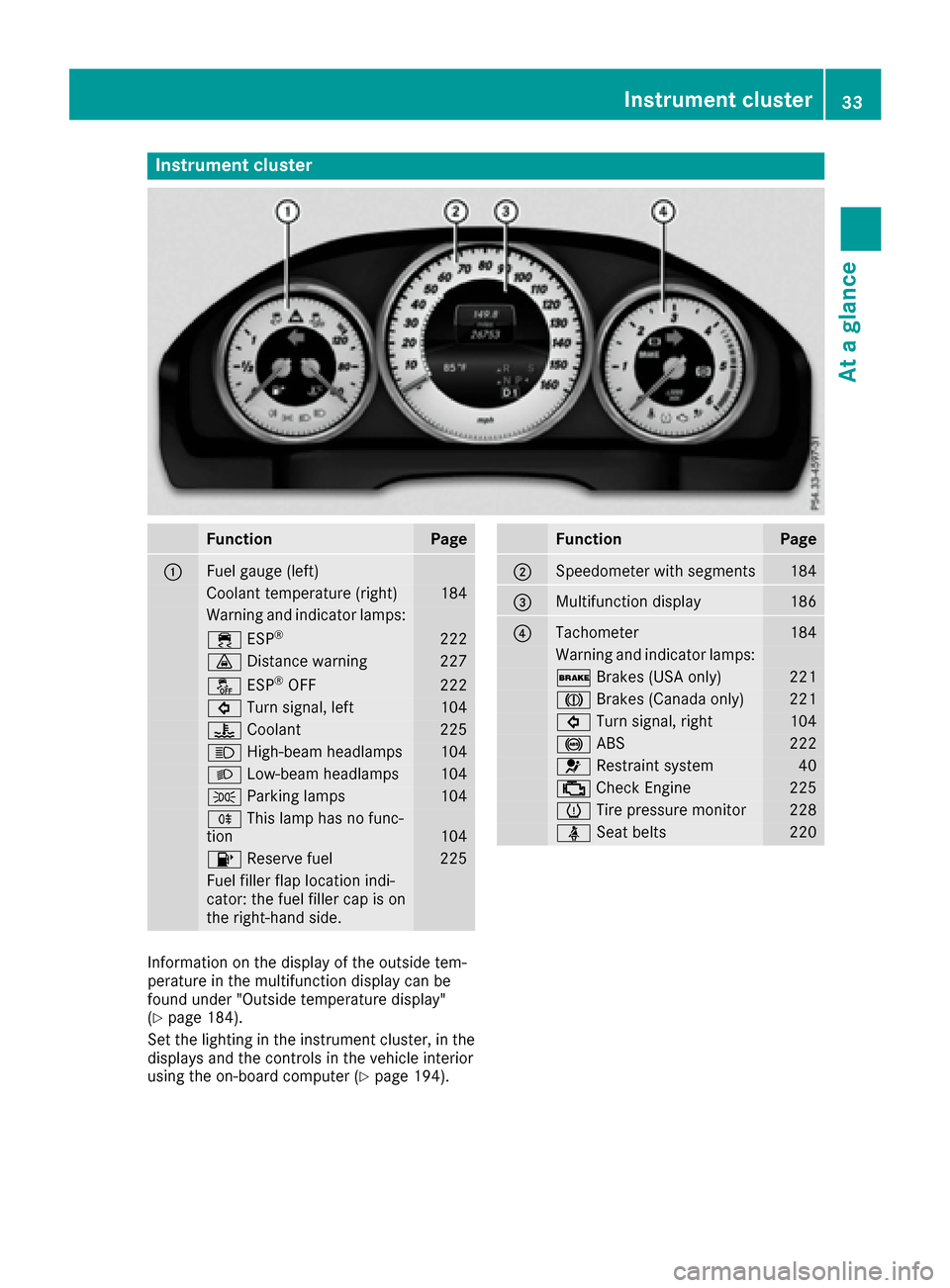 MERCEDES-BENZ E-Class COUPE 2016 C207 Owners Manual Instrument cluster
FunctionPage
:Fuelgauge (left)
Coolan ttemperature (right )184
Warning and indicator lamps:
÷ ESP®22 2
· Distanc ewarning22 7
å ESP®OF F222
# Turn signal, lef t104
? Coolan t22