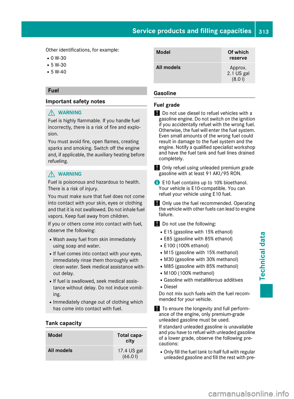 MERCEDES-BENZ E-Class CABRIOLET 2016 C207 Owners Manual Other identifications, for example:
R0 W-30
R5 W-30
R5 W-40
Fuel
Important safety notes
GWARNING
Fuel is highly flammable. If you handle fuel
incorrectly, there is a risk of fire and explo-
sion.
You MERCEDES-BENZ E-Class CABRIOLET 2016 C207 Owners Manual Other identifications, for example:
R0 W-30
R5 W-30
R5 W-40
Fuel
Important safety notes
GWARNING
Fuel is highly flammable. If you handle fuel
incorrectly, there is a risk of fire and explo-
sion.
You